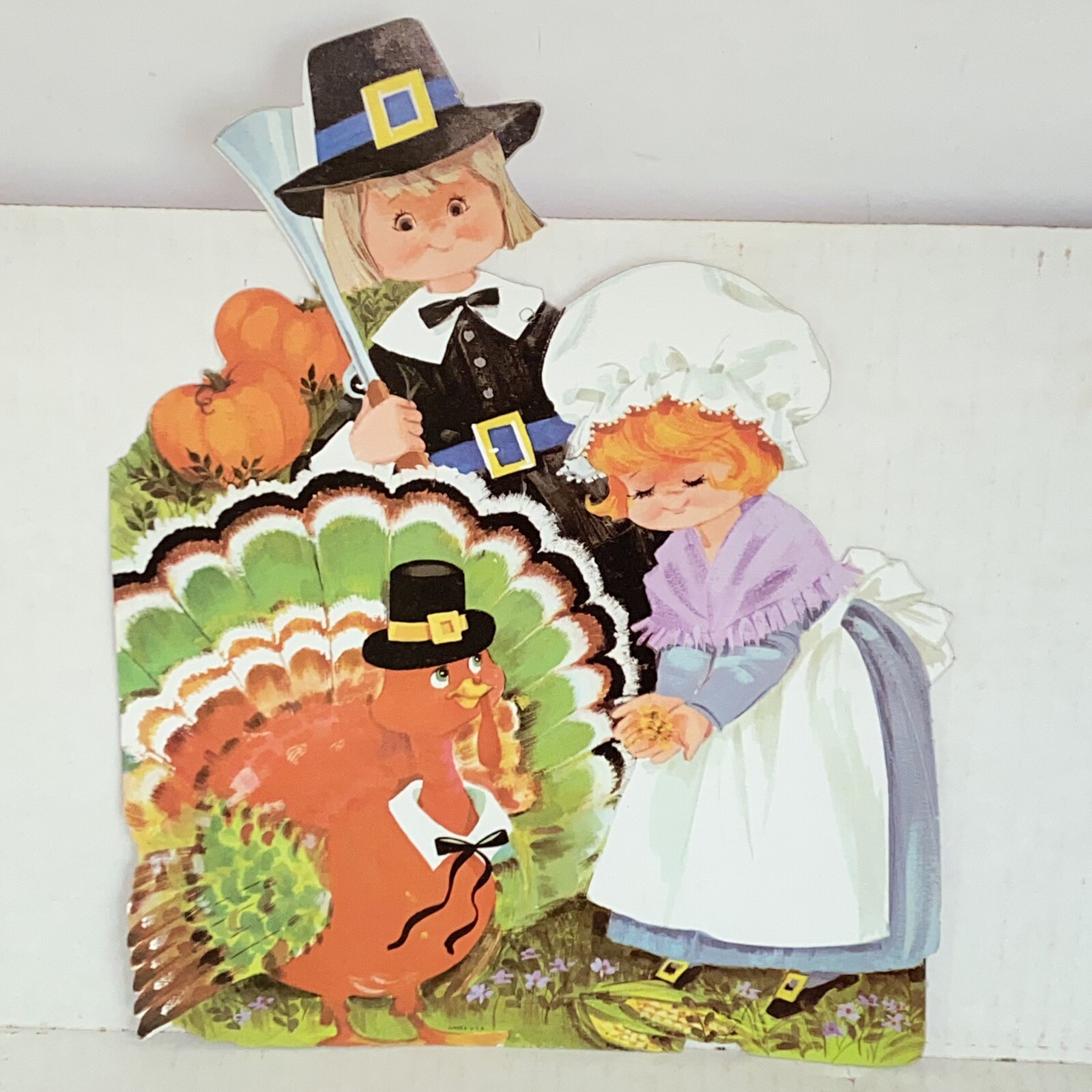 Vintage Eureka Die Cut Thanksgiving Cardboard Decoration Pilgrims & Turkey