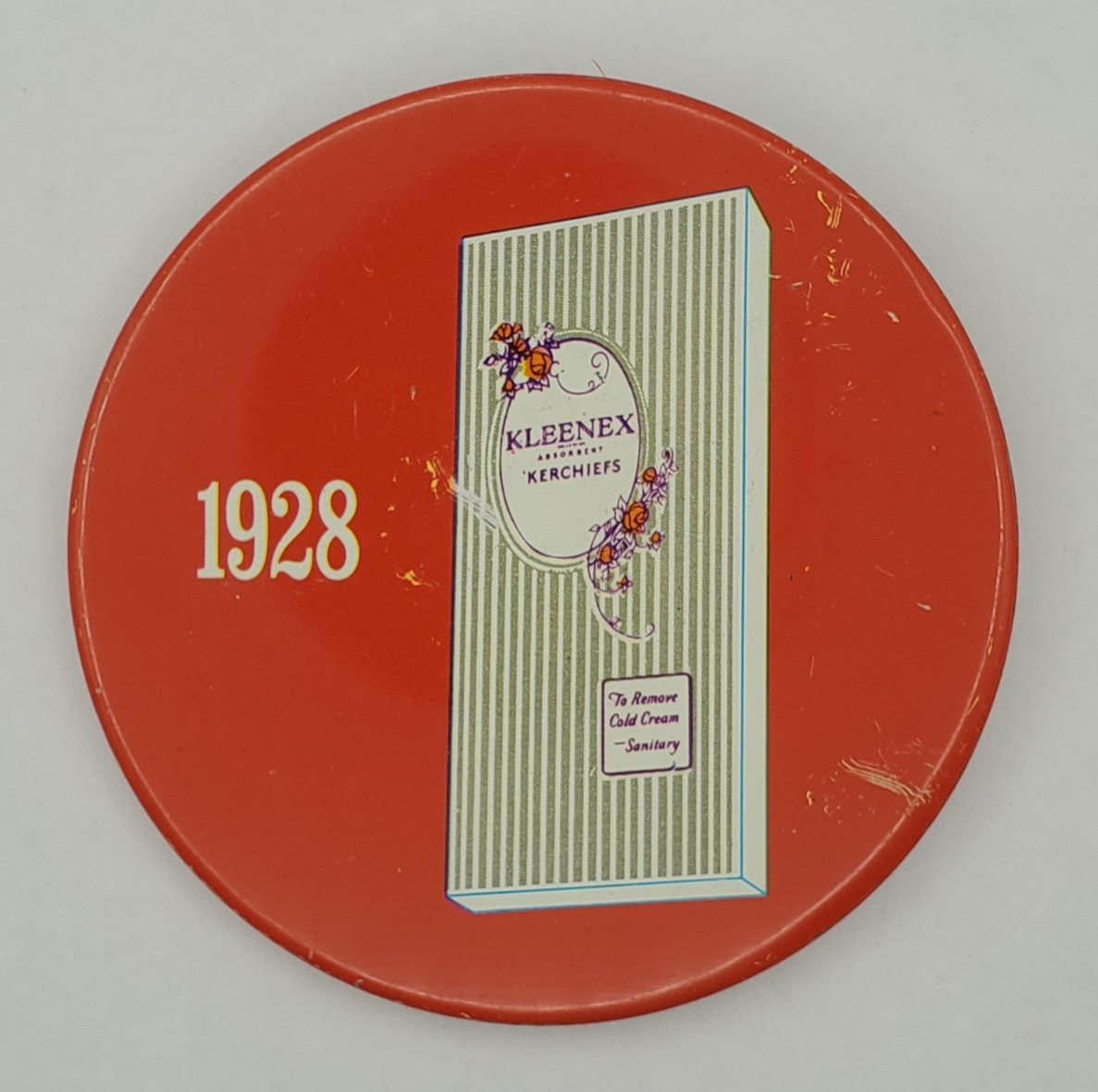Vintage 1968 Kleenex Tissues 1928 History Advertising Litho Pinback Button