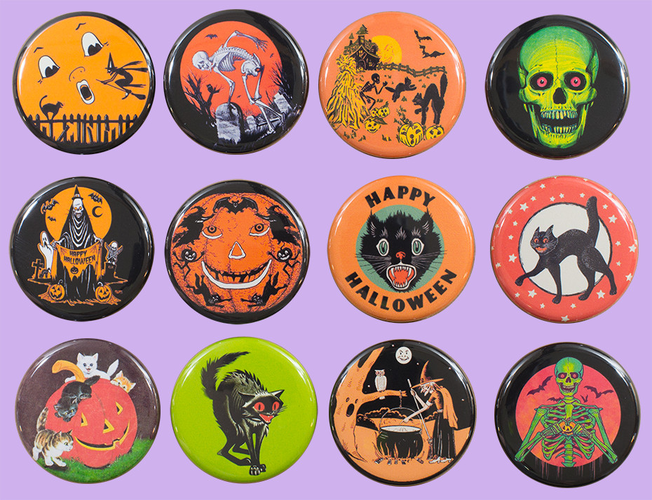 Retro Halloween Buttons Set of 12 Pins Badges Free Returns classic designs