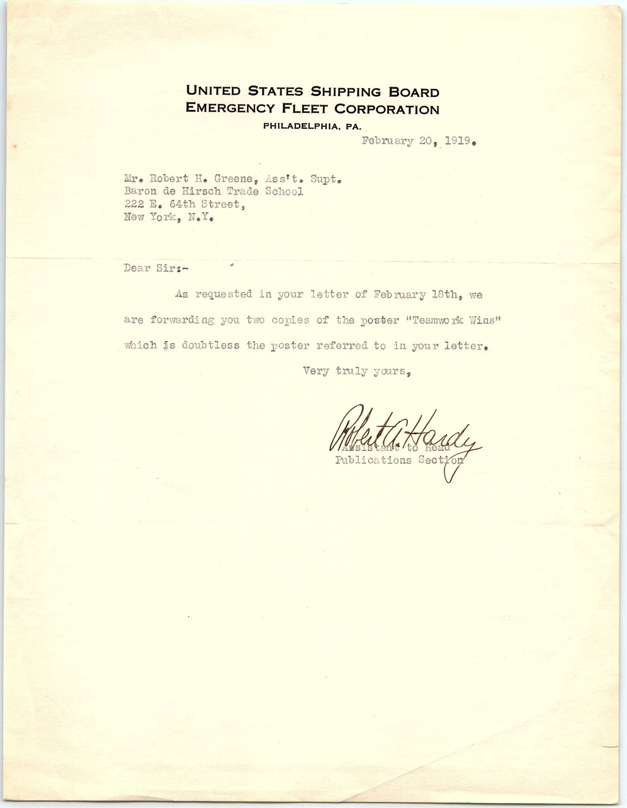 1919 US Shipping Board letter re: 'Teamwork Wins' poster 1919 US Shipping Board letter re: 'Teamwork Wins' poster