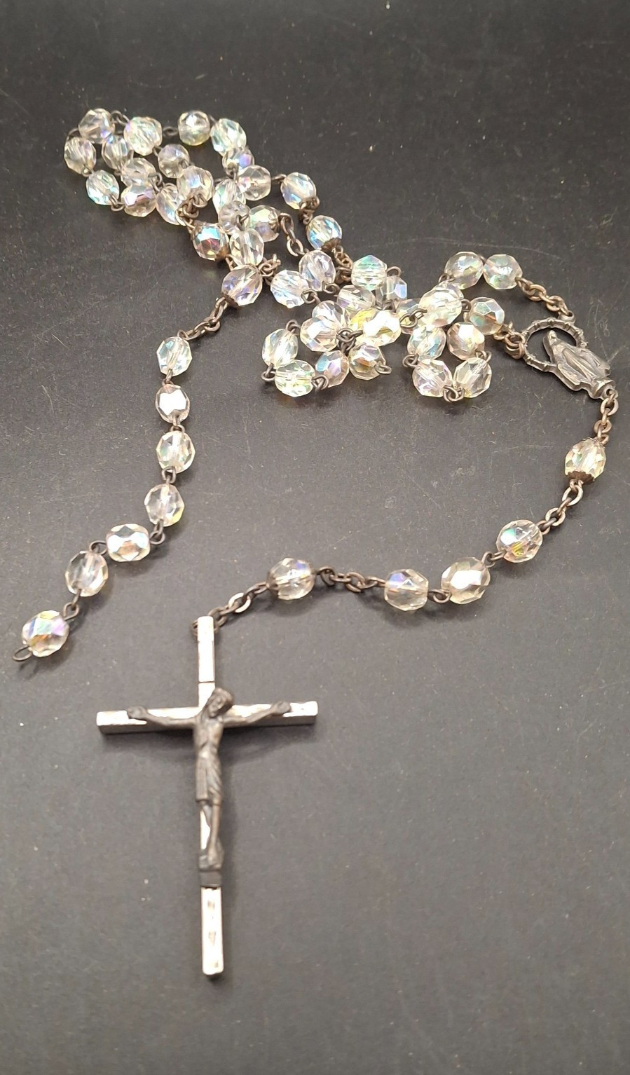 Vintage Silver Aurora Borealis Rosary Beads Need Repair Italy 22 Inch