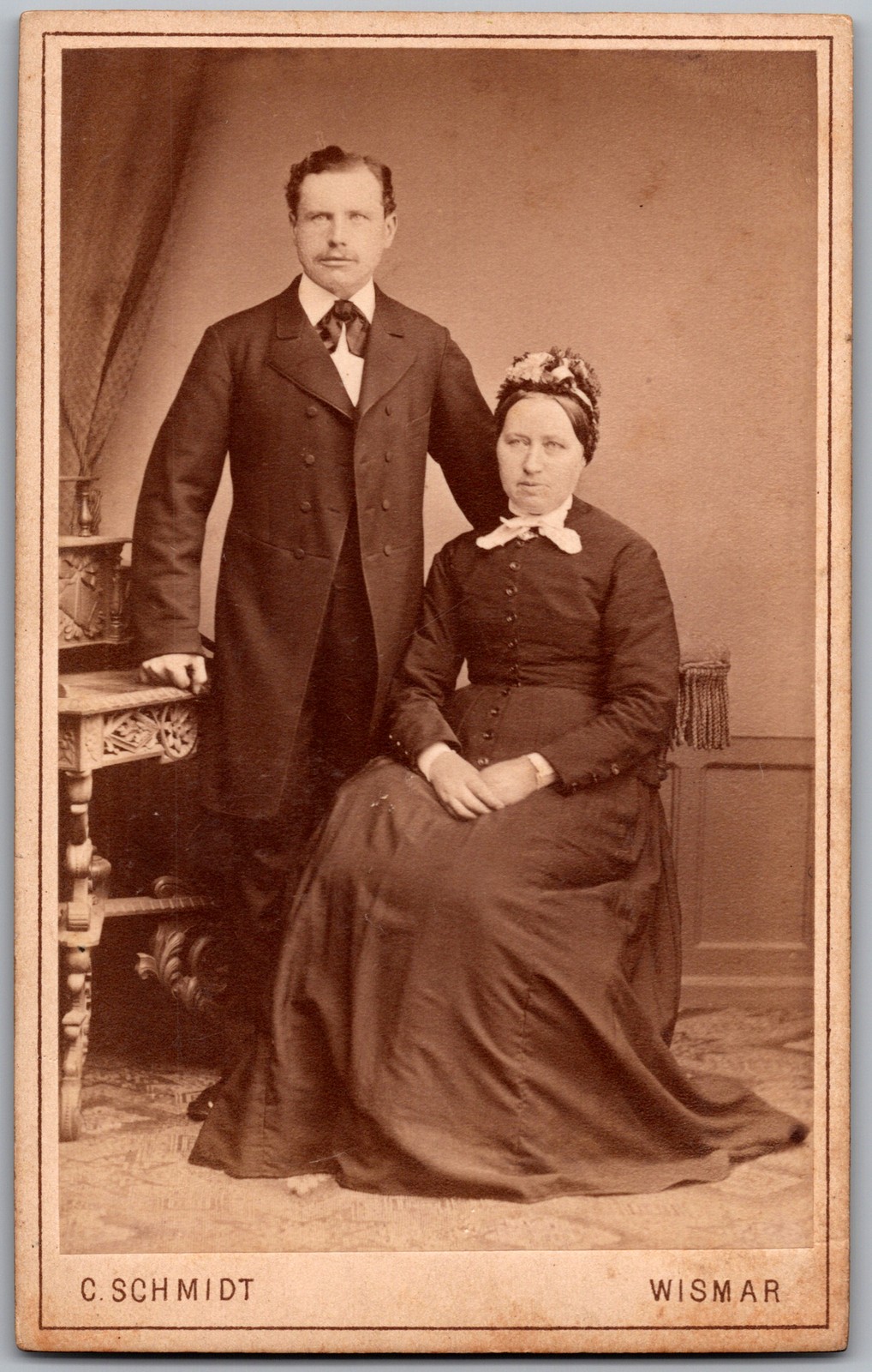 Antique CDV Circa 1870s C. Schmidt Husband Wife Wismar Germany Antique CDV Circa 1870s C. Schmidt Husband Wife Wismar Germany