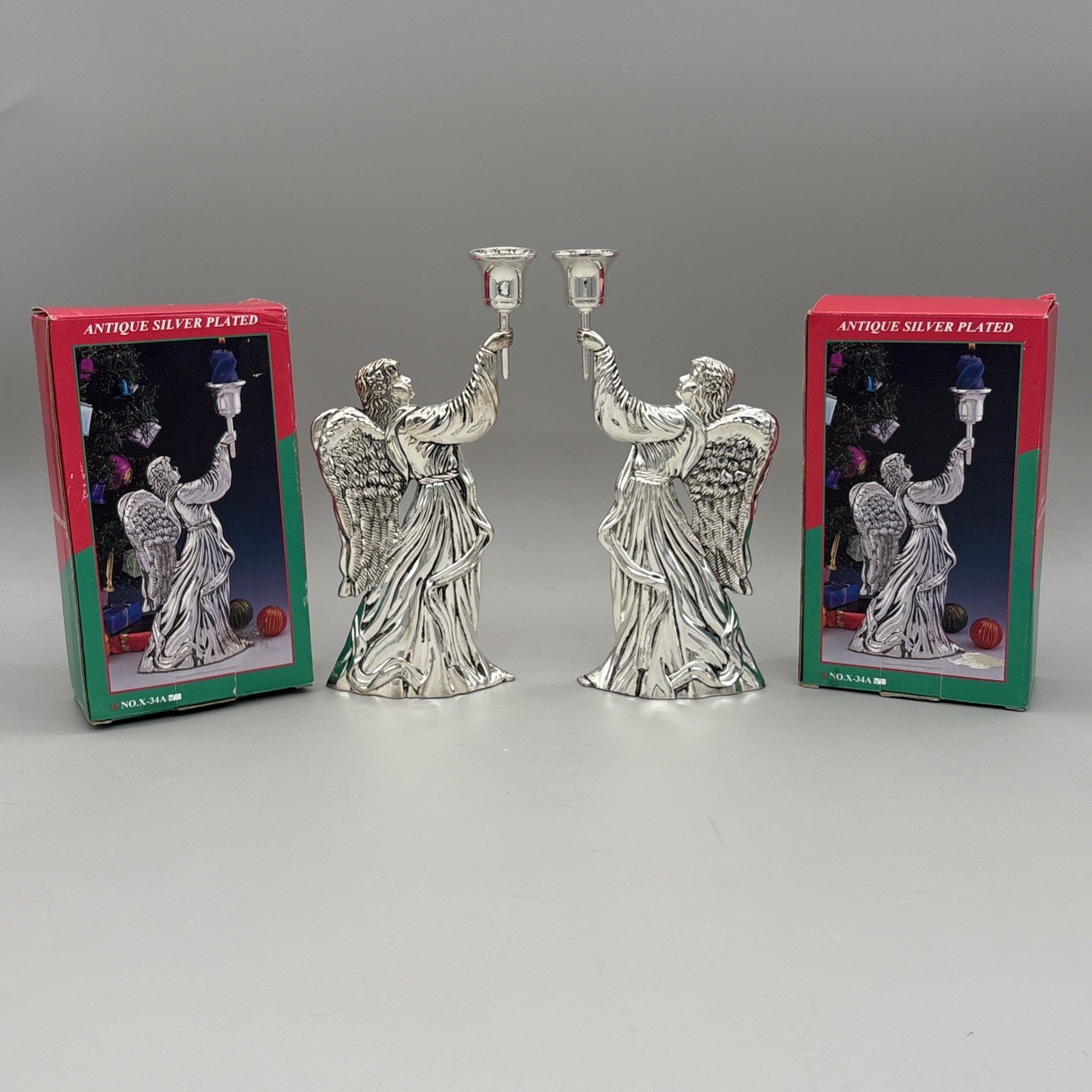 Pair Vtg Elegance Silver Plated Angel Taper Candle Holder Set 2 80934LBE Boxed