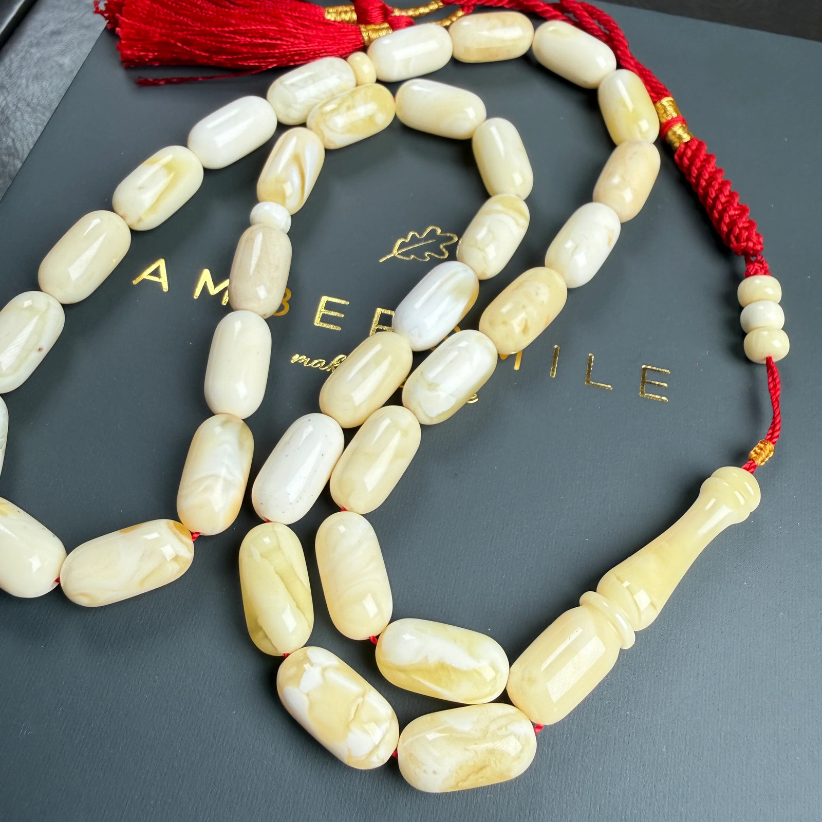 Royal White Amber Misbaha Tasbih 33 Beads 7x15mm 25.7g Lab certificate