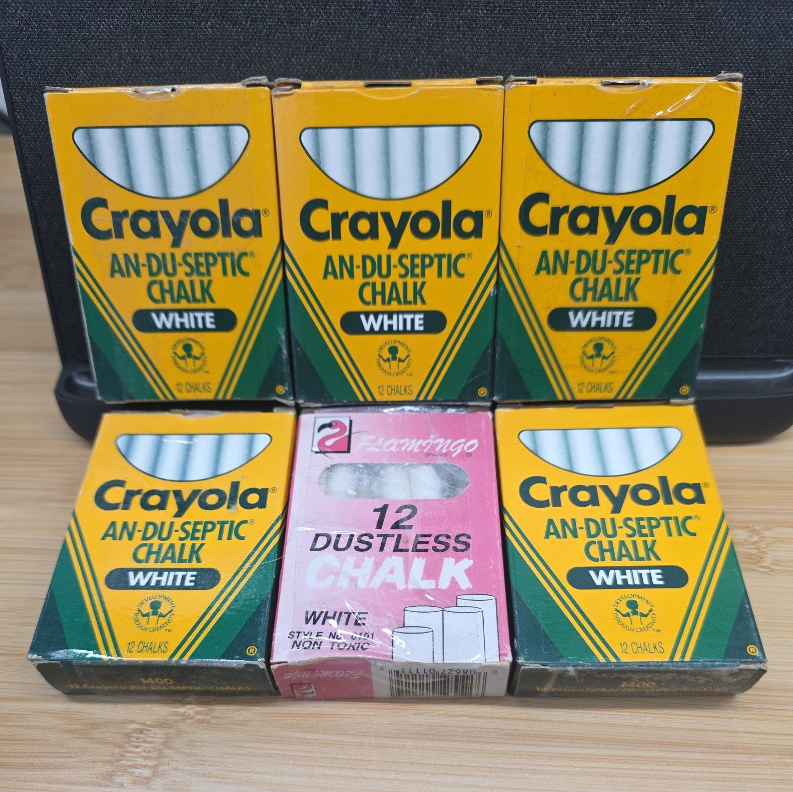 VTG 1988 5 Boxes AN-DU-SEPTIC Crayola Low Dust CHALK 12 Pieces Ea White Flamingo