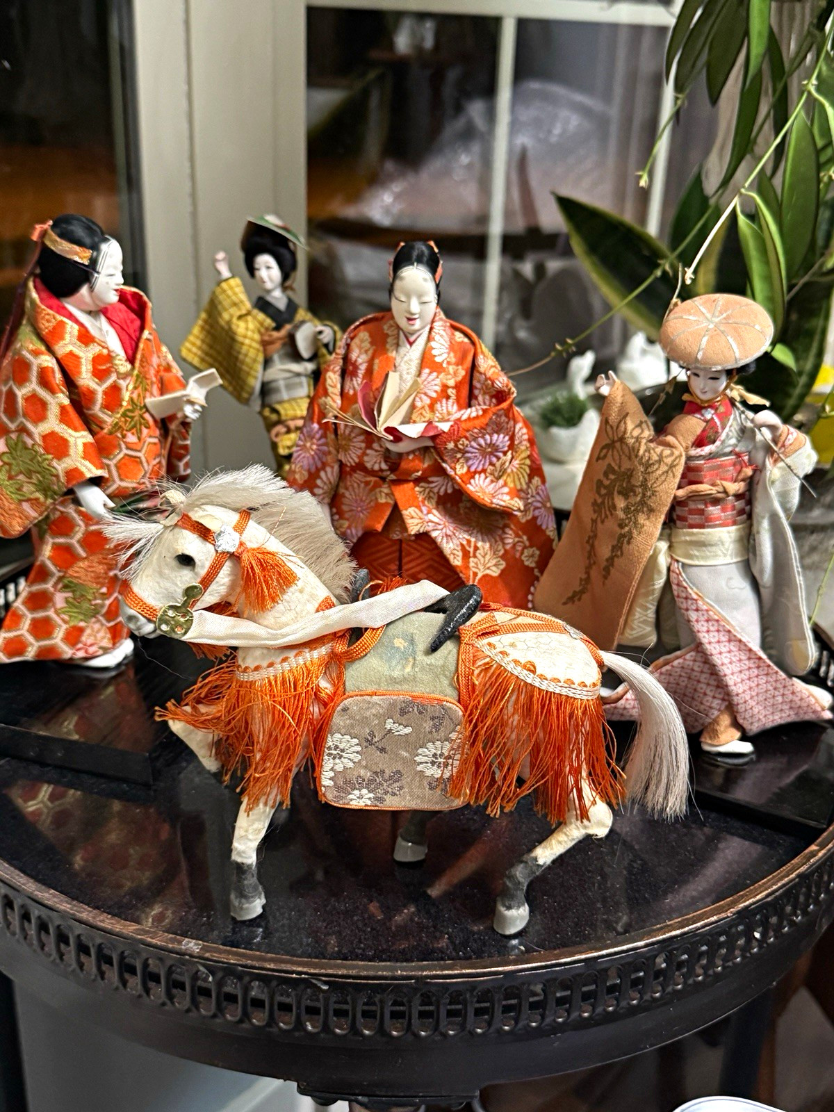 Handmade Japanese Kimono Dolls w/ Wooden Stands & Horse Figure, Box Handmade Japanese Kimono Dolls w/ Wooden Stands & Horse Figure, Box