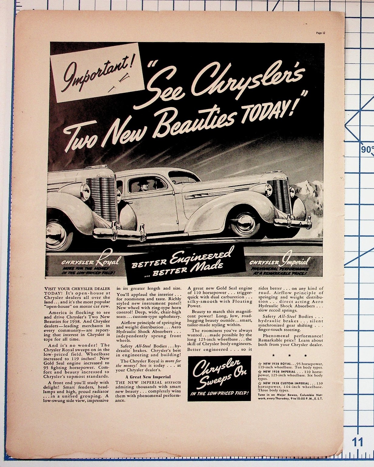 1938 Chrysler Royal Imperial Car Magazine Ad - Vintage Automobile Ephemera 1938 Chrysler Royal Imperial Car Magazine Ad - Vintage Automobile Ephemera