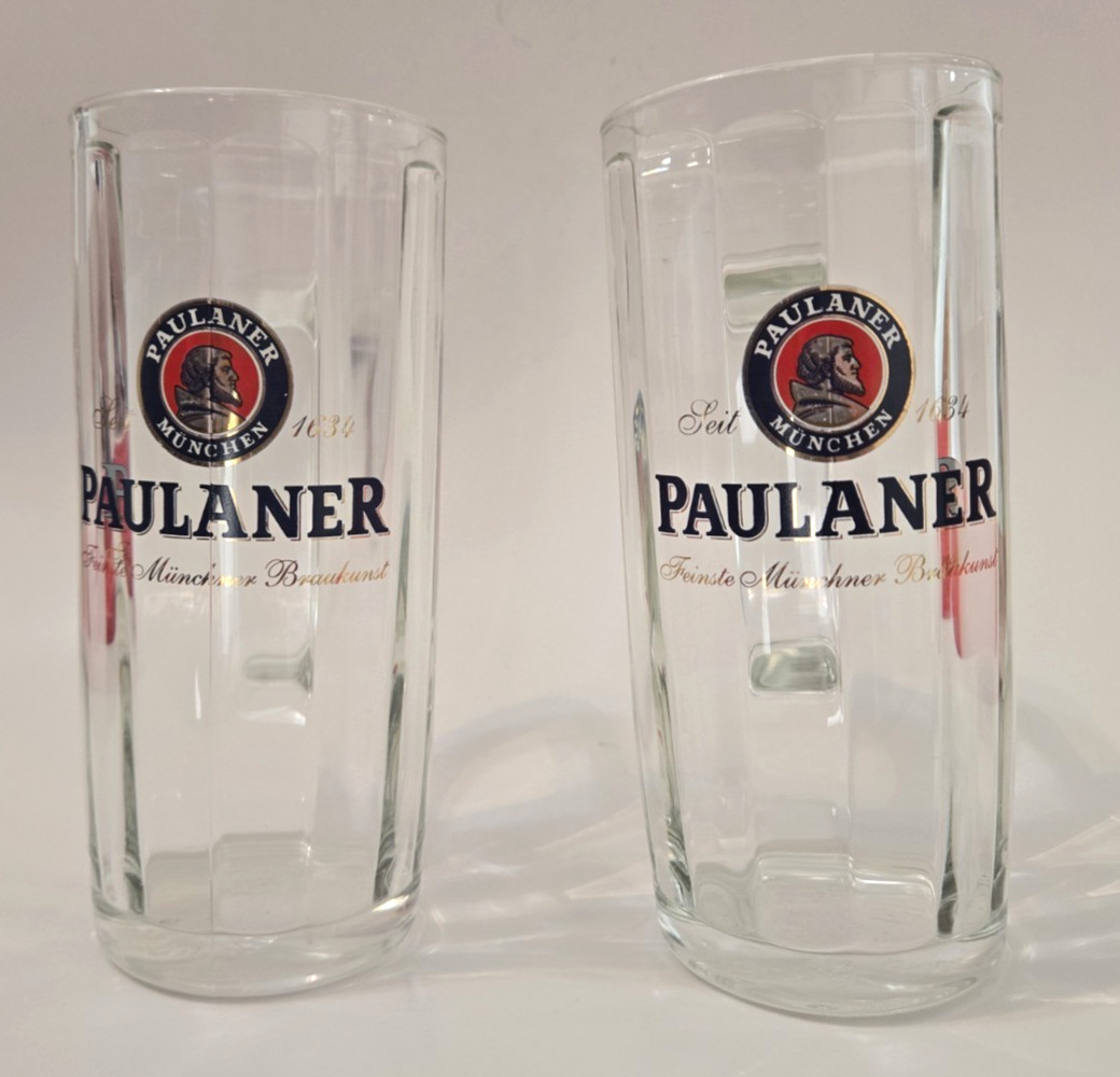 Vintage Paulaner Munchen 0.5L Beer Mugs Set of 2 German Paneled Glass SAHM 7.25\