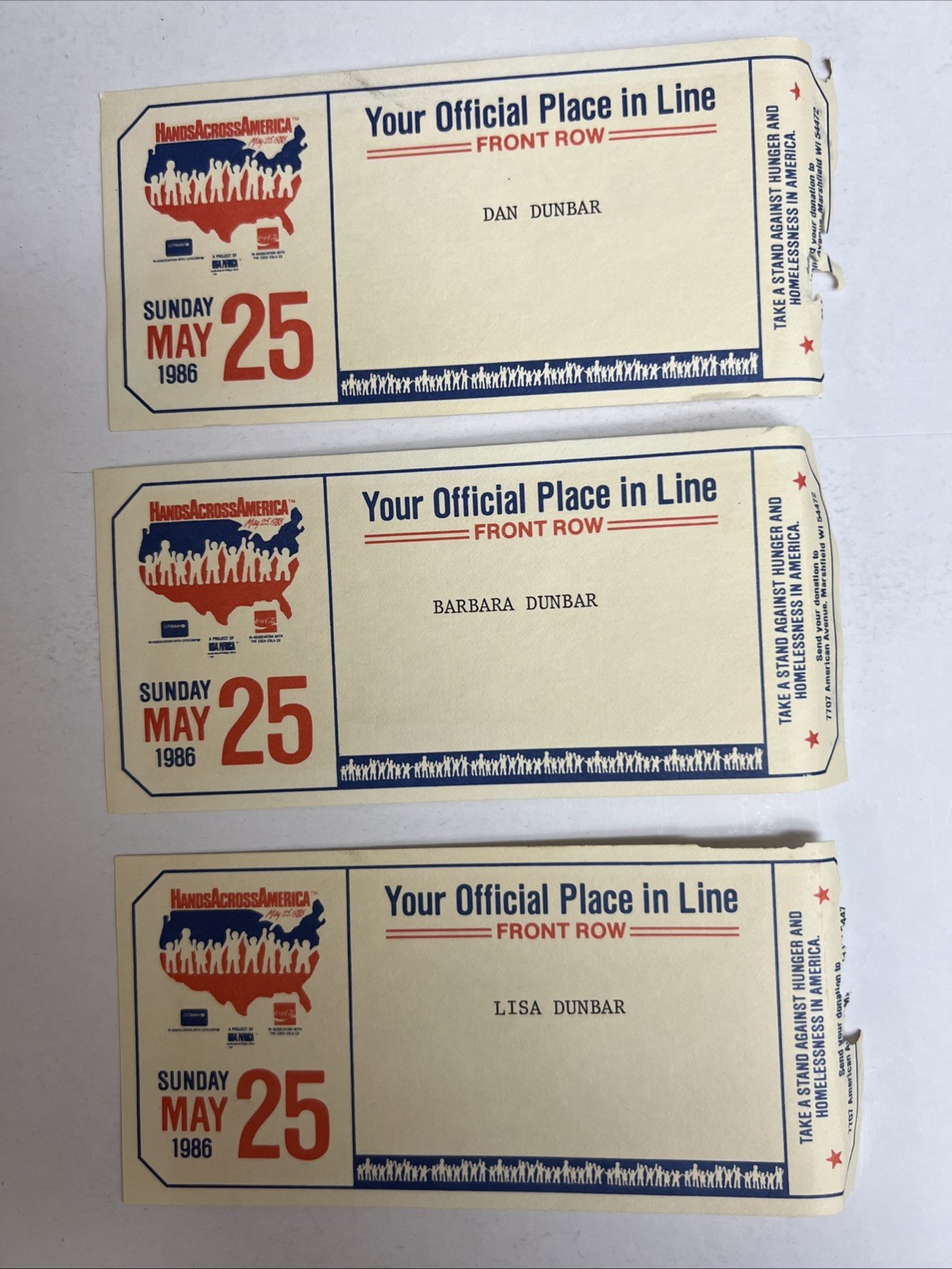 Lot of 3 Vintage 1986 Hands Across America Tickets Dunbar Family Set Ephemera Lot of 3 Vintage 1986 Hands Across America Tickets Dunbar Family Set Ephemera