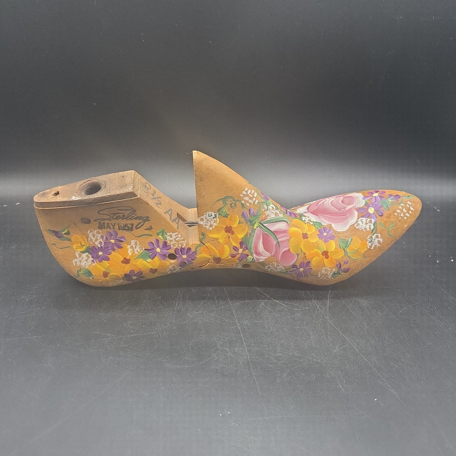 Vtg Sterling Wooden Shoe Form 8 1/2 AA  Painted Floral Folk Art