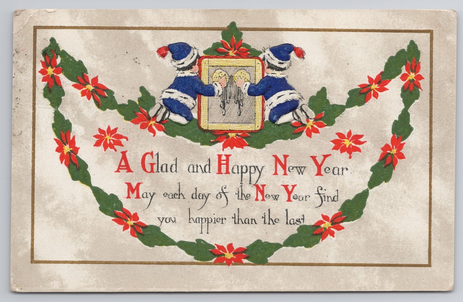 Happy New Year Children Blue Robes Poinsettias 1910 Db Postcard