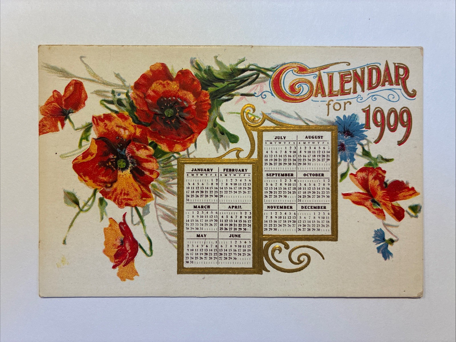 1909 Calendar Poppies Postcard Bedford Maine Postmark 1908 Embossed Floral 1909 Calendar Poppies Postcard Bedford Maine Postmark 1908 Embossed Floral