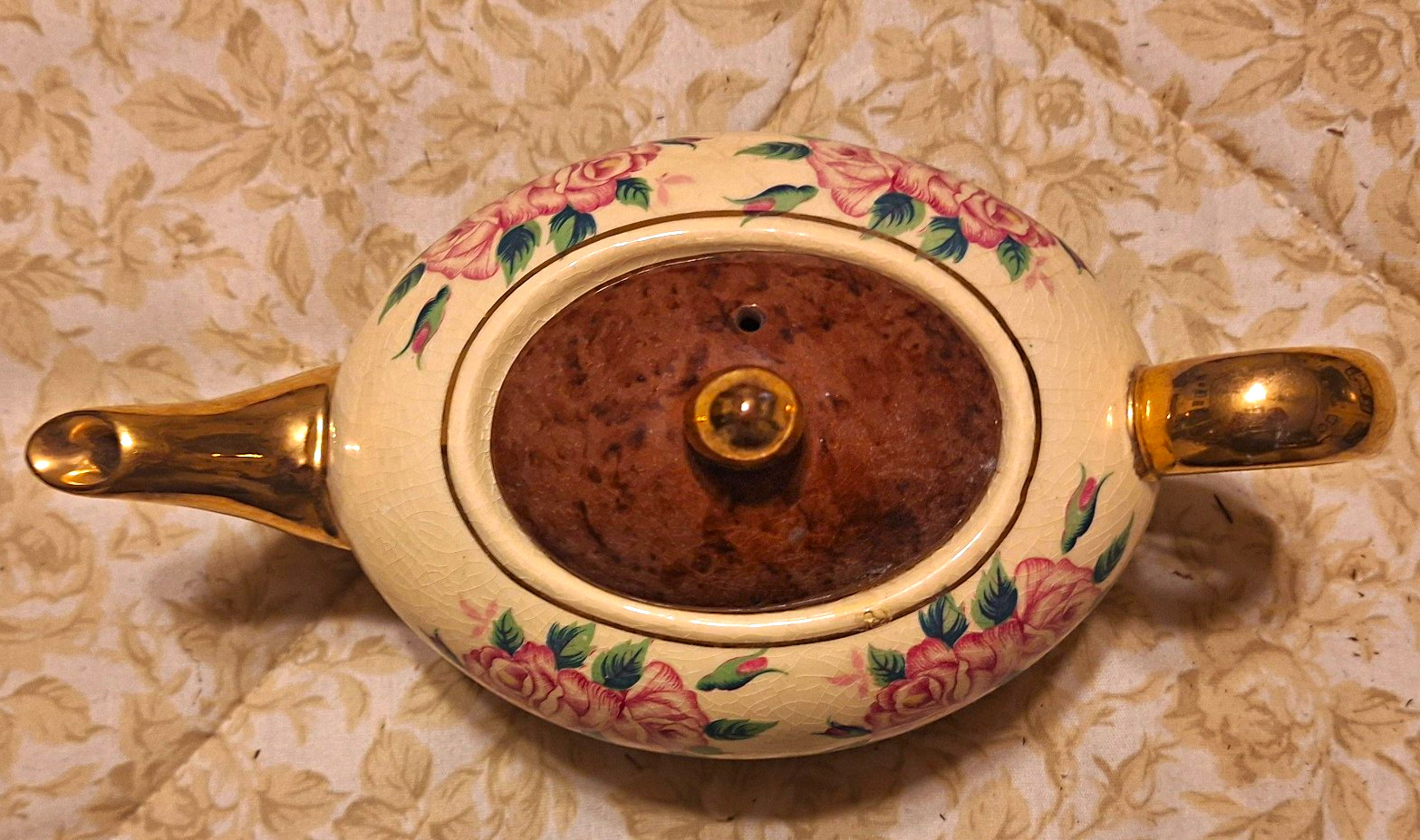 Vintage Nasco Japan Oval Teapot Pink Roses Cream & Brown Gold Trim 1950s