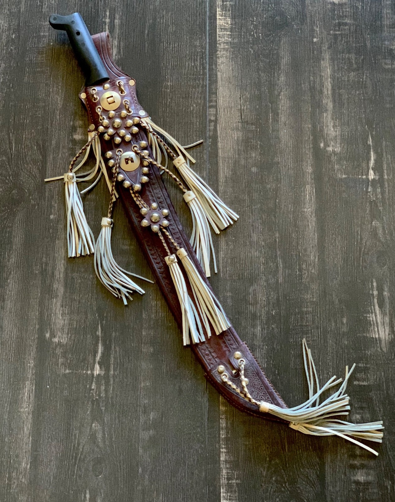 Vintage IMACASA Corneta No 127 Machete Fringed Tooled Leather Sheath El Salvador Vintage IMACASA Corneta No 127 Machete Fringed Tooled Leather Sheath El Salvador