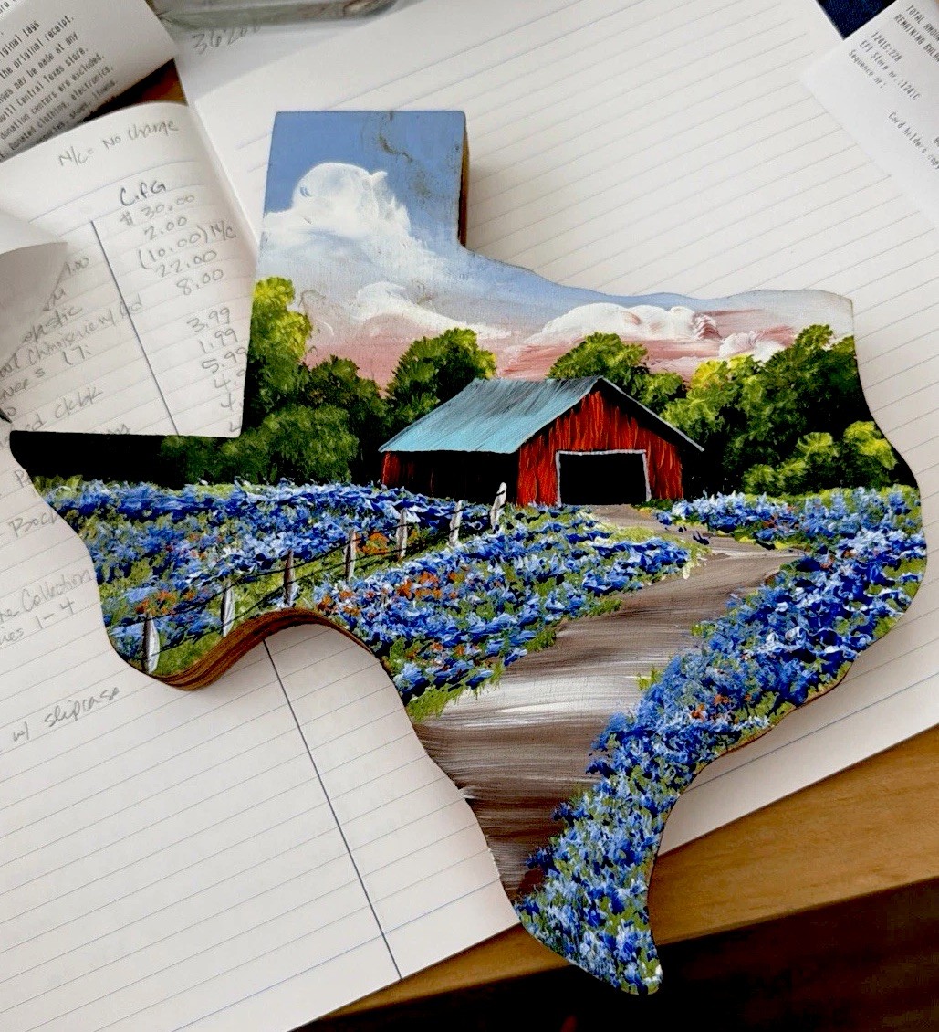 Vintage Texas Shaped Wood Plaque Hand Painted Bluebonnet Trail Barn Folk Art