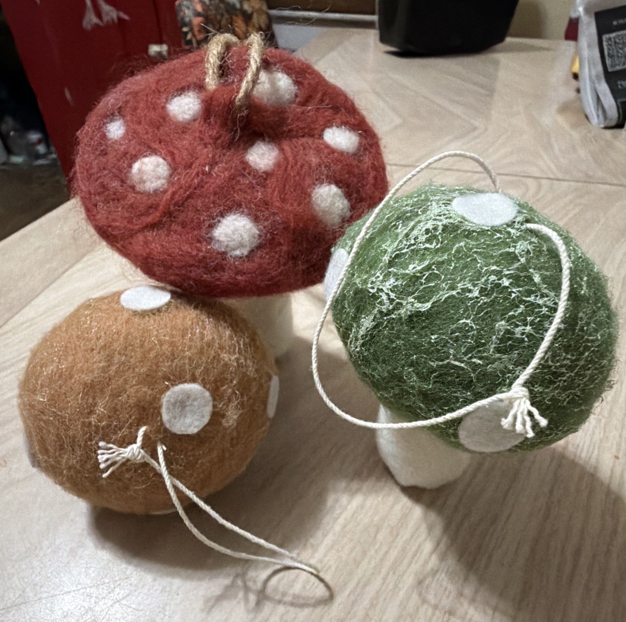 Set Of 3 Felt Wool Ornaments Mushrooms Handmade, Nice Set Of 3 Felt Wool Ornaments Mushrooms Handmade, Nice