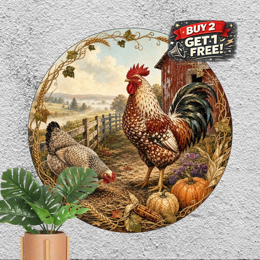 Vintage Rooster Hen Round Metal Sign Rustic Farmhouse Wall Decor Plaque 8x8