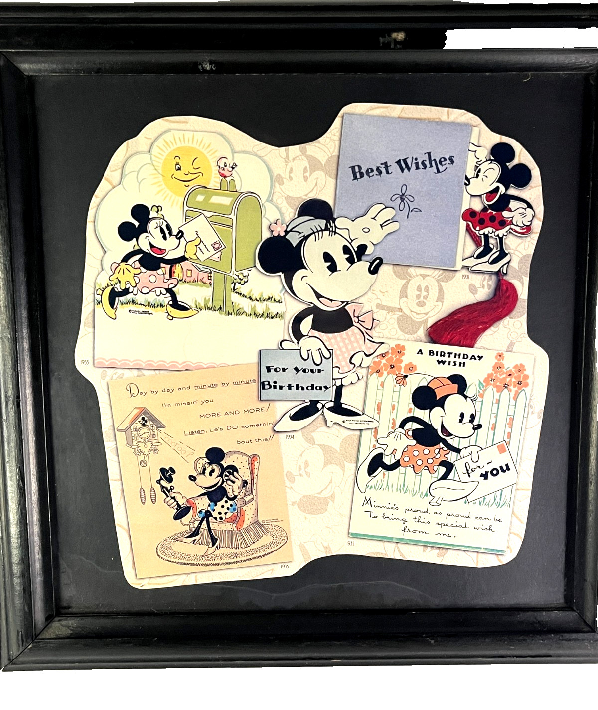 Antique Disney - Minnie Birthday Card Collage - 1930s - Framed - Retro Display
