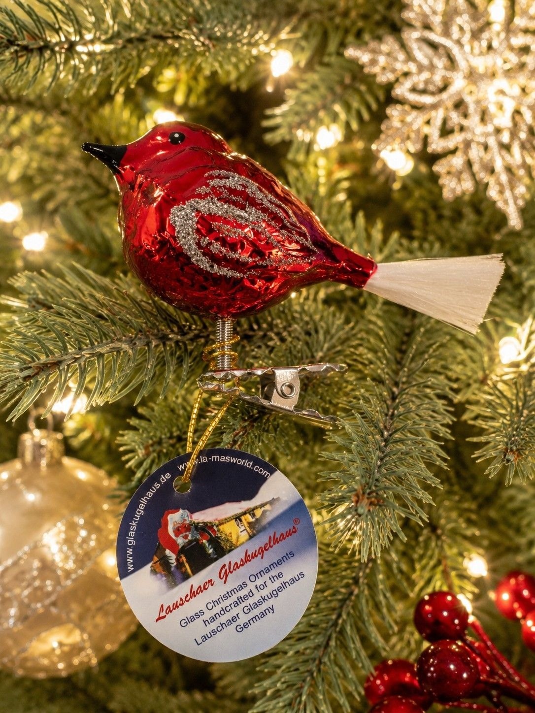 Lauschaer Glaskugelhaus Vogel Dicki Red Bird Glass Clip Ornament Germany 041021