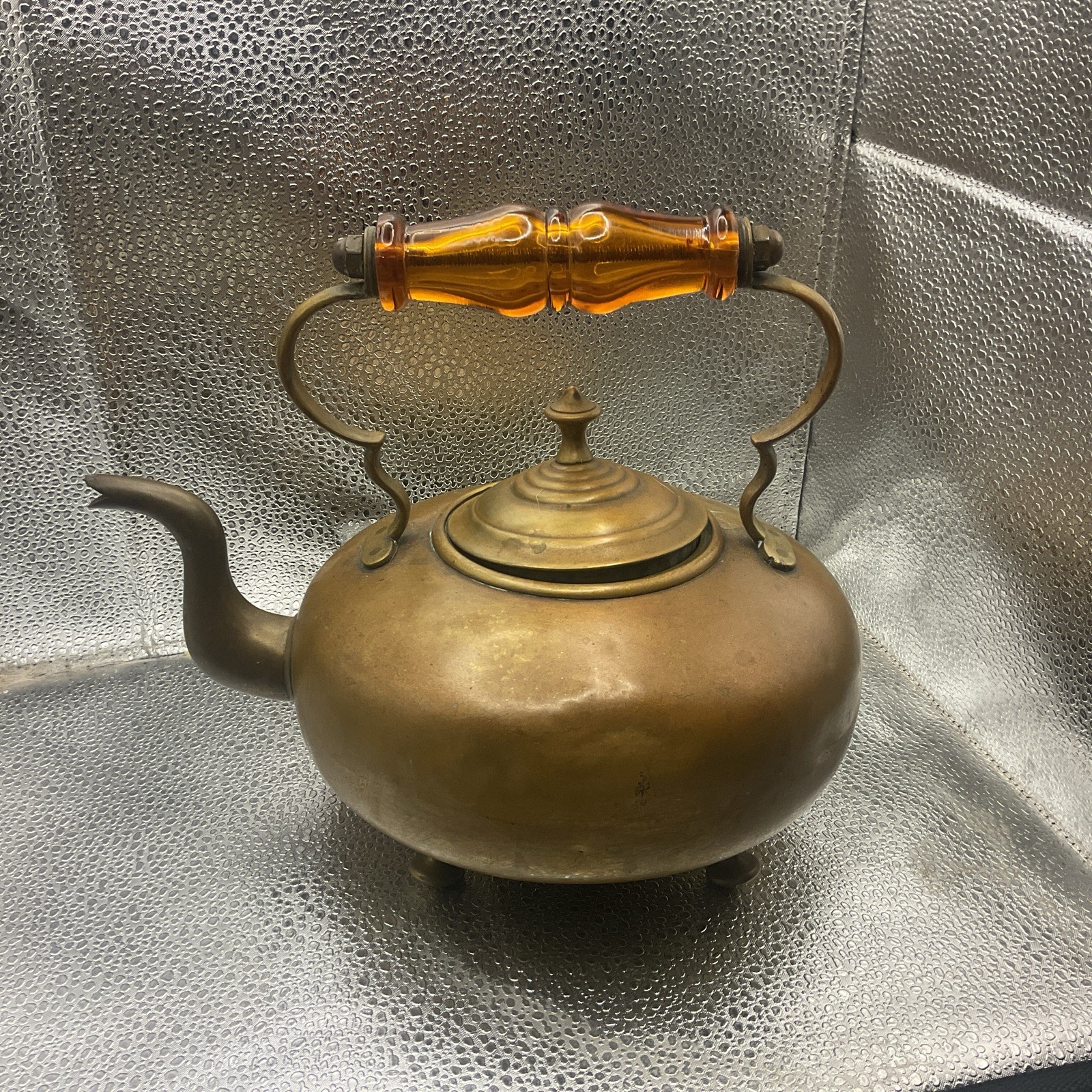 Vtg James Clews Birmingham JCB Brass Tea Pot Kettle Amber Glass Handle