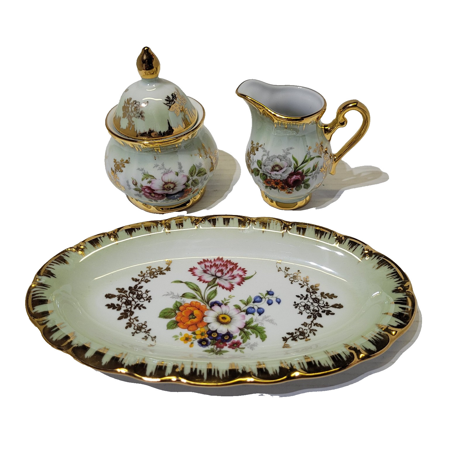 Handarbeit 22K Gold Trim Cream Sugar Set Tray Floral Porcelain Germany