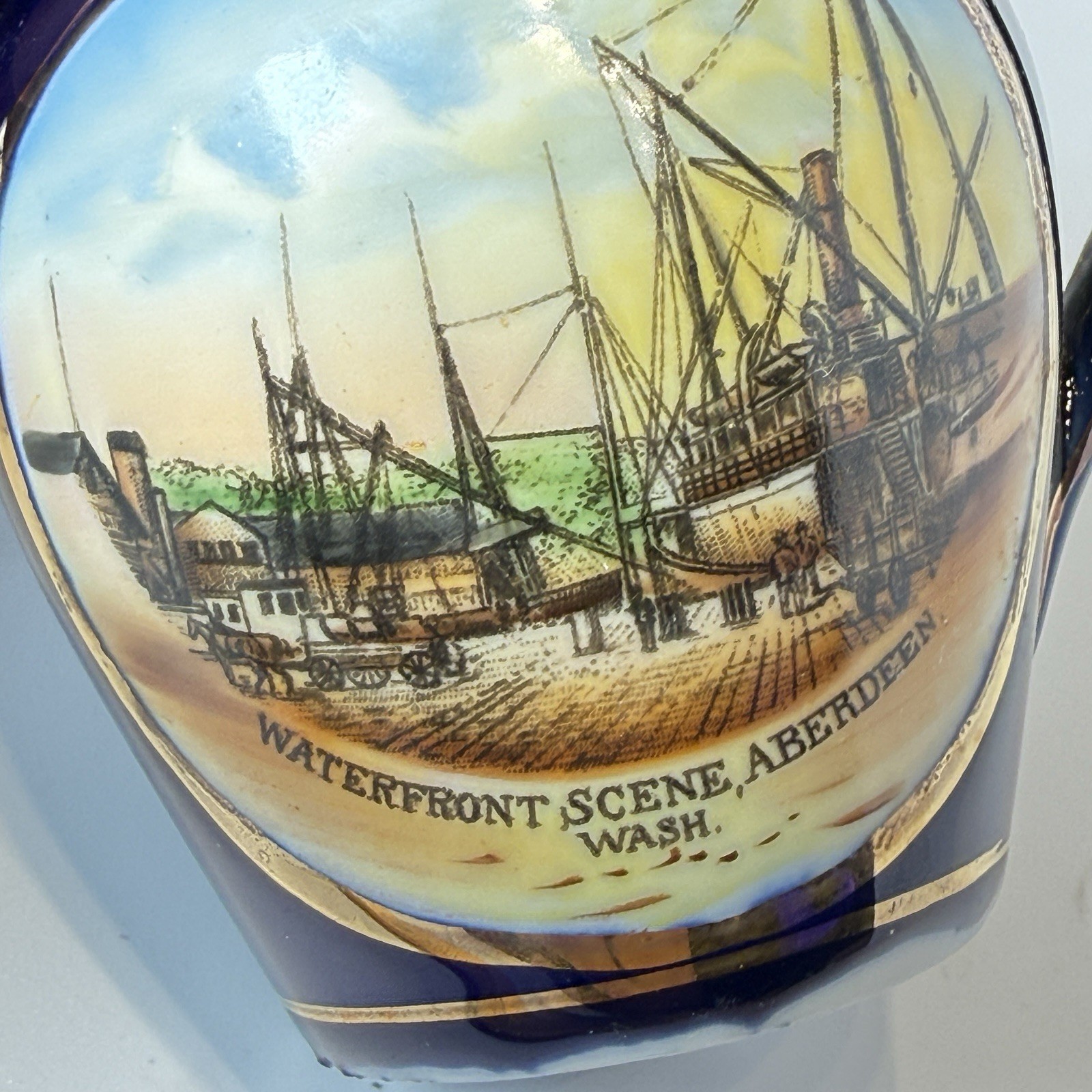ABERDEEN WA WASHINGTON Antique WATERFRONT PIER Souvenir COBALT TRINKET CREAMER ABERDEEN WA WASHINGTON Antique WATERFRONT PIER Souvenir COBALT TRINKET CREAMER
