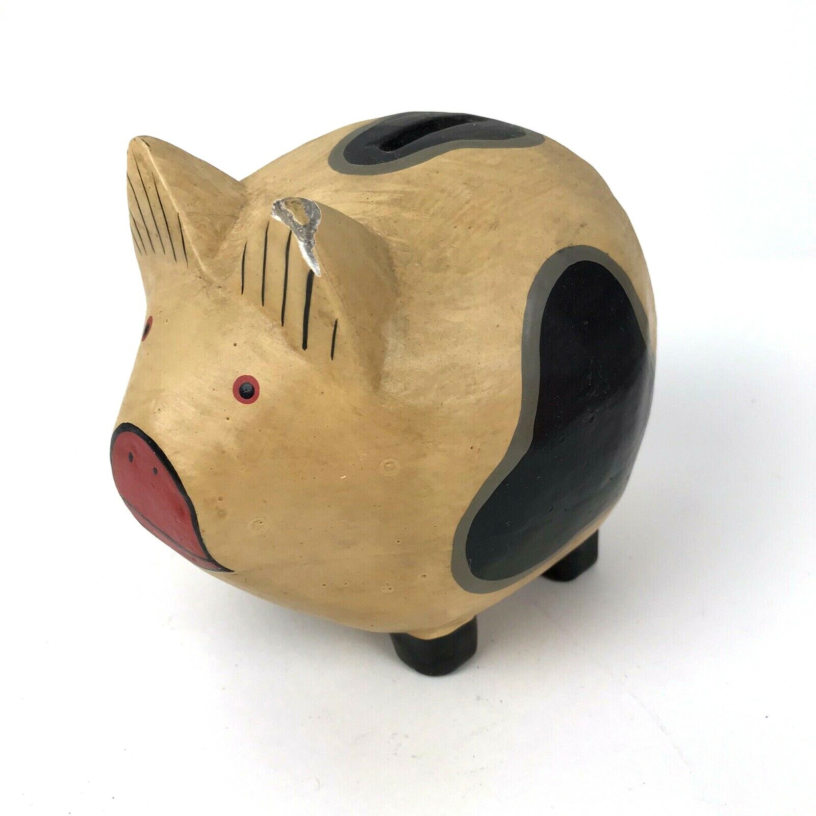 Vintage Wood Pig PIGGY BANK Hand Painted Chippy Primitive Farmhouse Decor