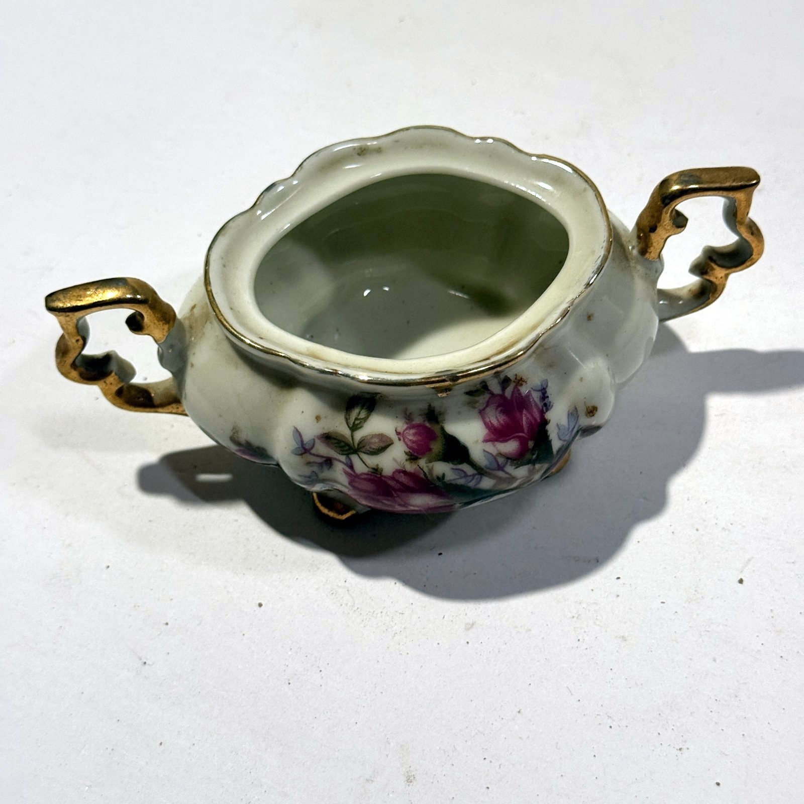 Floral Porcelain Sugar Bowl Gold Handles Pink Roses No Lid