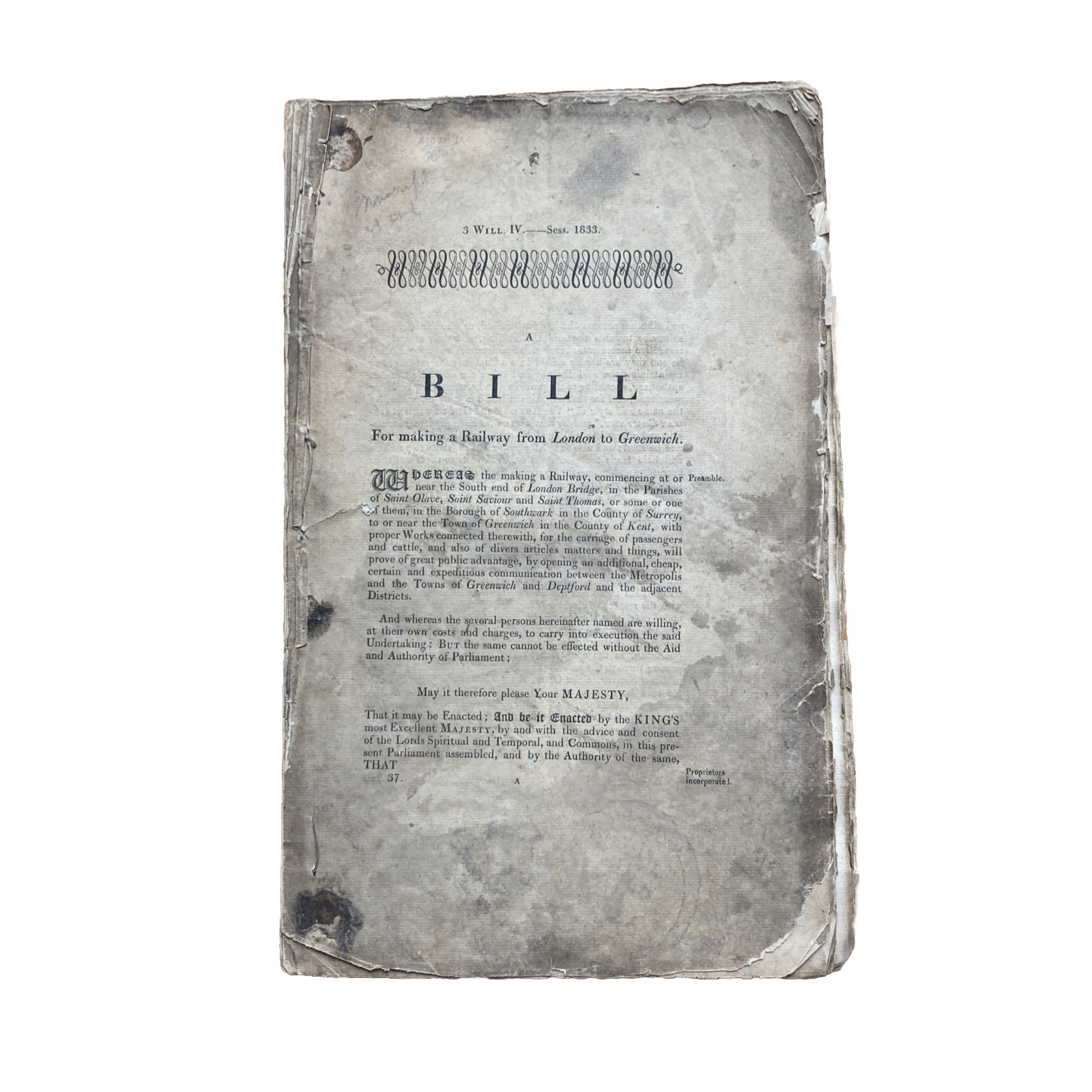 1833 Antique England Bill Proposal Making Railway from London to Greenwich 90 pg 1833 Antique England Bill Proposal Making Railway from London to Greenwich 90 pg