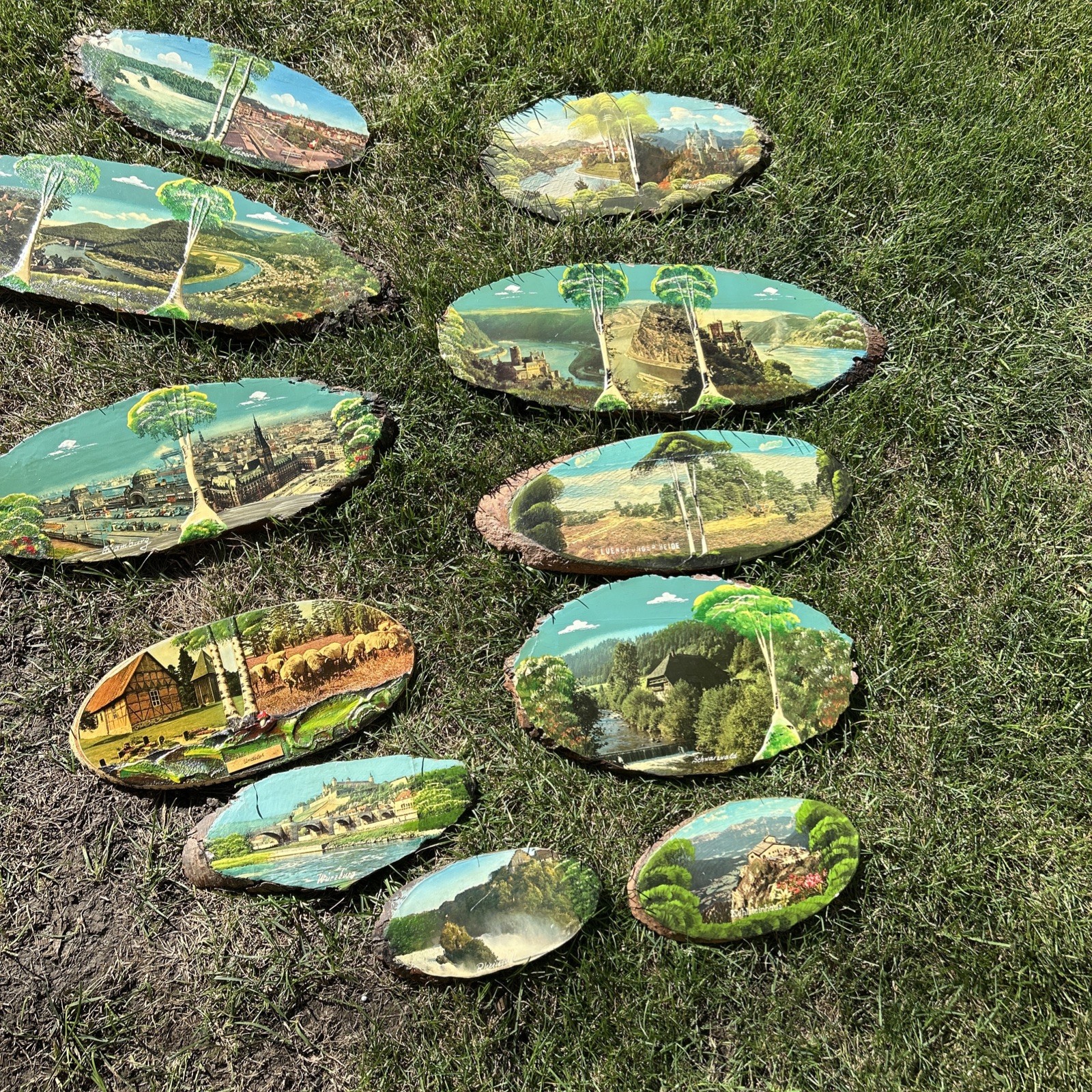11 Lot Vintage Hand Painted Wood Bark SLAB 3-D Pictures Made In Germany