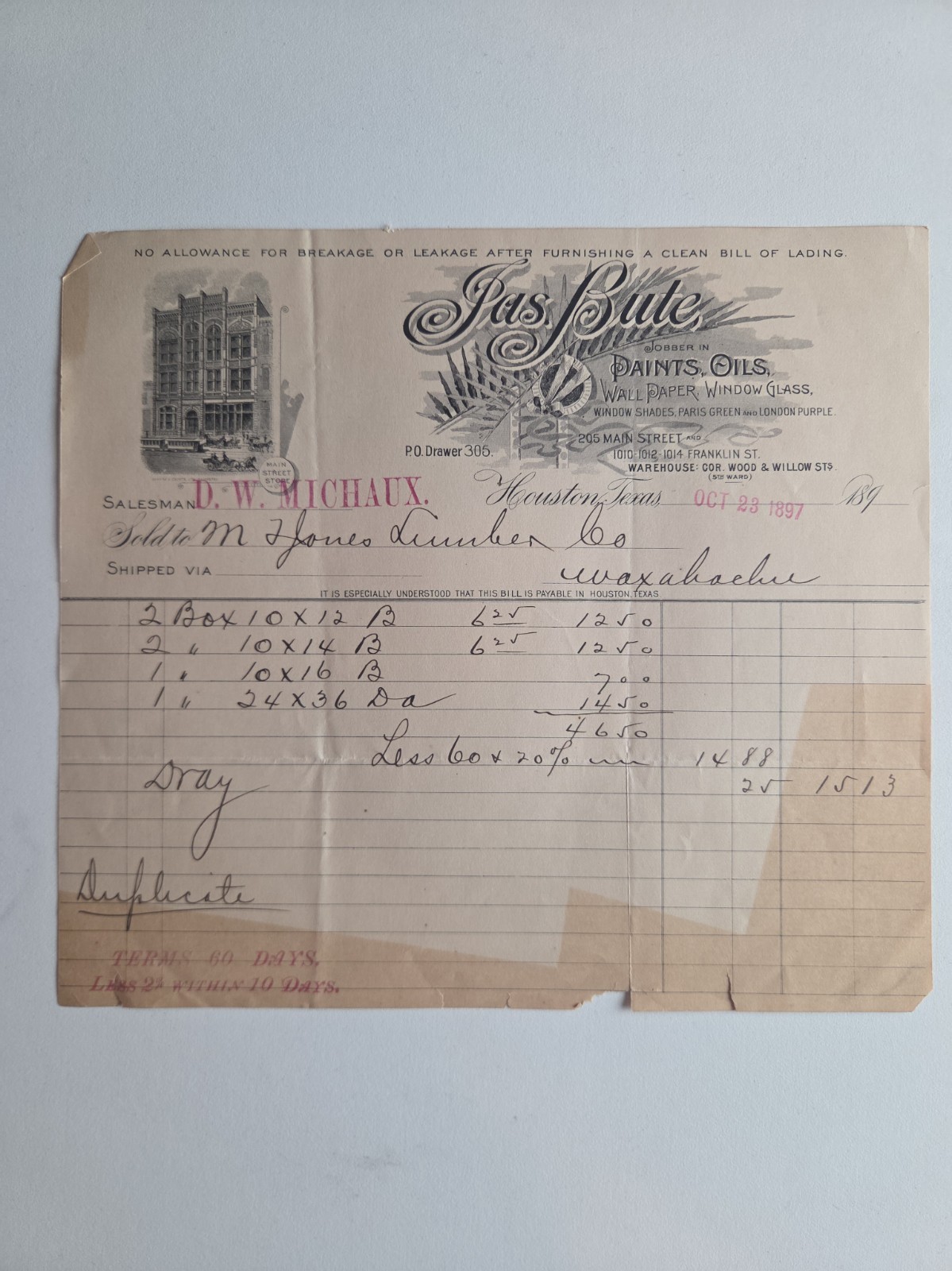1897 Jas Bute Houston Texas Illustrated Billhead Paints Oils Window Invoice