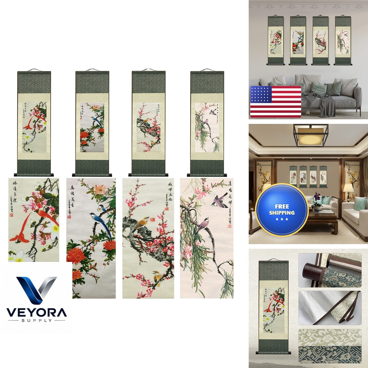 AtfArt Wall Art 4 Pack Silk Scroll Painting Birds & Flowers 36.2 x 12 in AtfArt Wall Art 4 Pack Silk Scroll Painting Birds & Flowers 36.2 x 12 in
