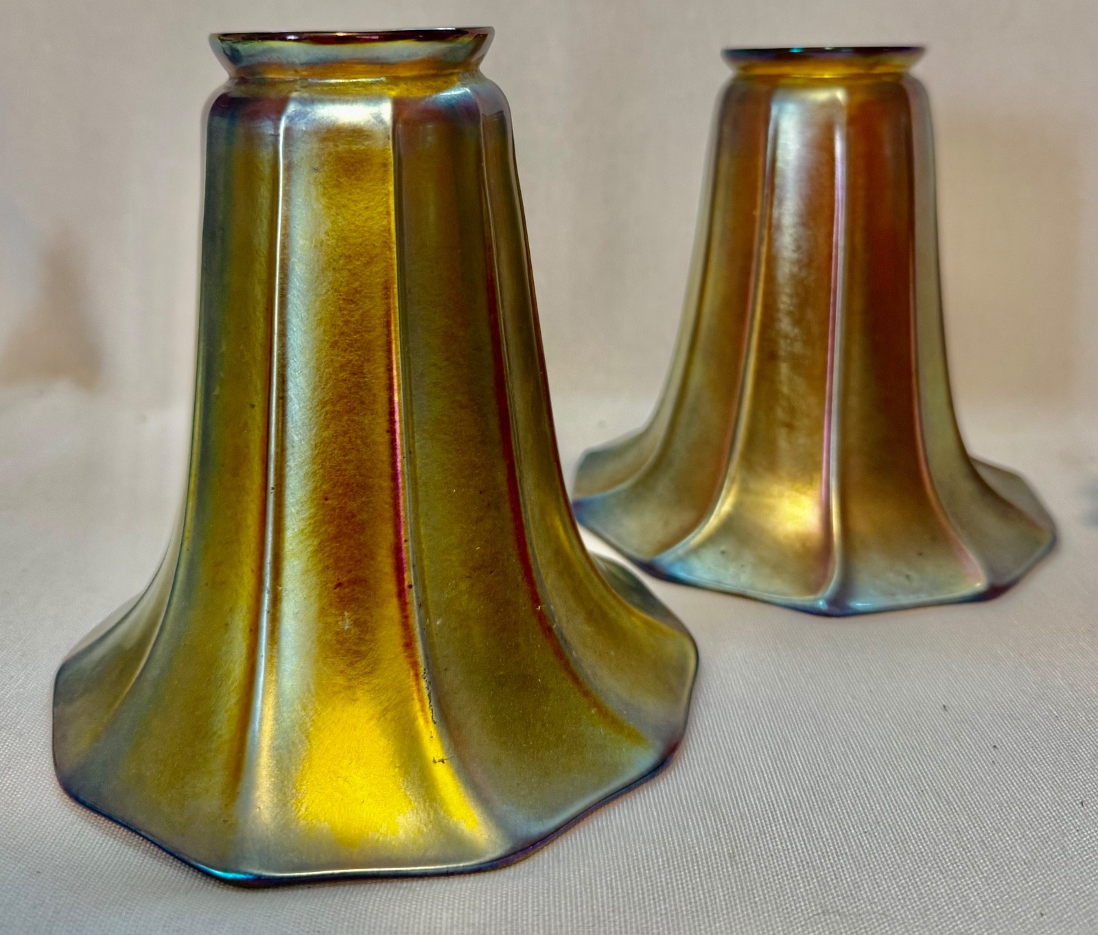 Pair of Vintage Steuben Gold Aurene Trumpet Lamp Shades, Signed Pair of Vintage Steuben Gold Aurene Trumpet Lamp Shades, Signed