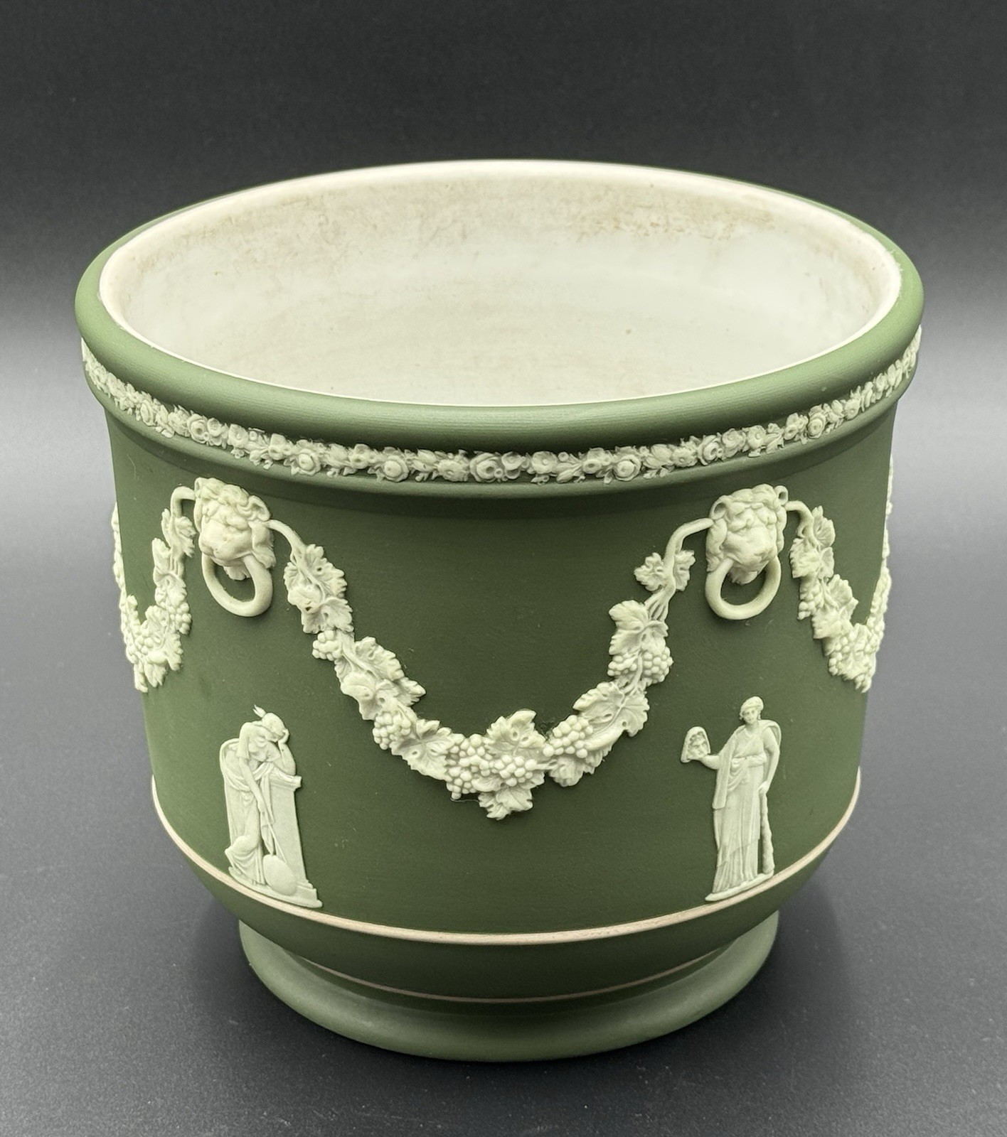 Antique 19th C. Wedgwood Japerware Sage Green Jardiniere Cache Pot England Antique 19th C. Wedgwood Japerware Sage Green Jardiniere Cache Pot England