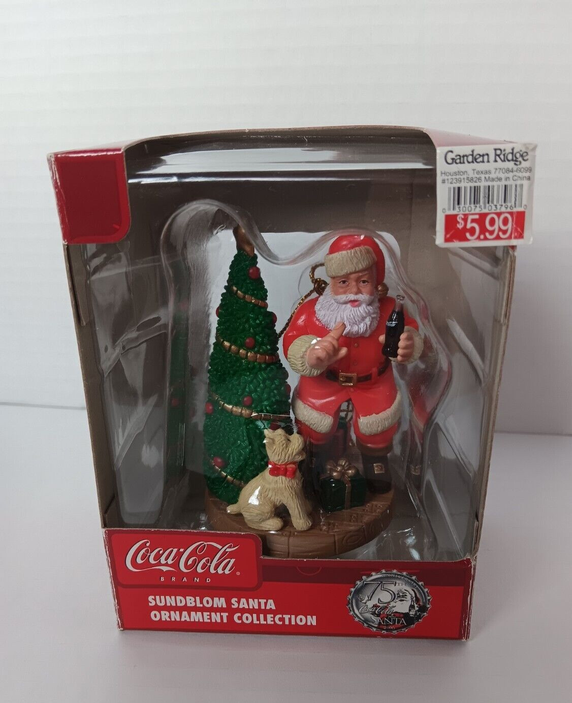COCA-COLA Coke Sundblom Santa Christmas Ornament standing by tree & puppy (dog) COCA-COLA Coke Sundblom Santa Christmas Ornament standing by tree & puppy (dog)