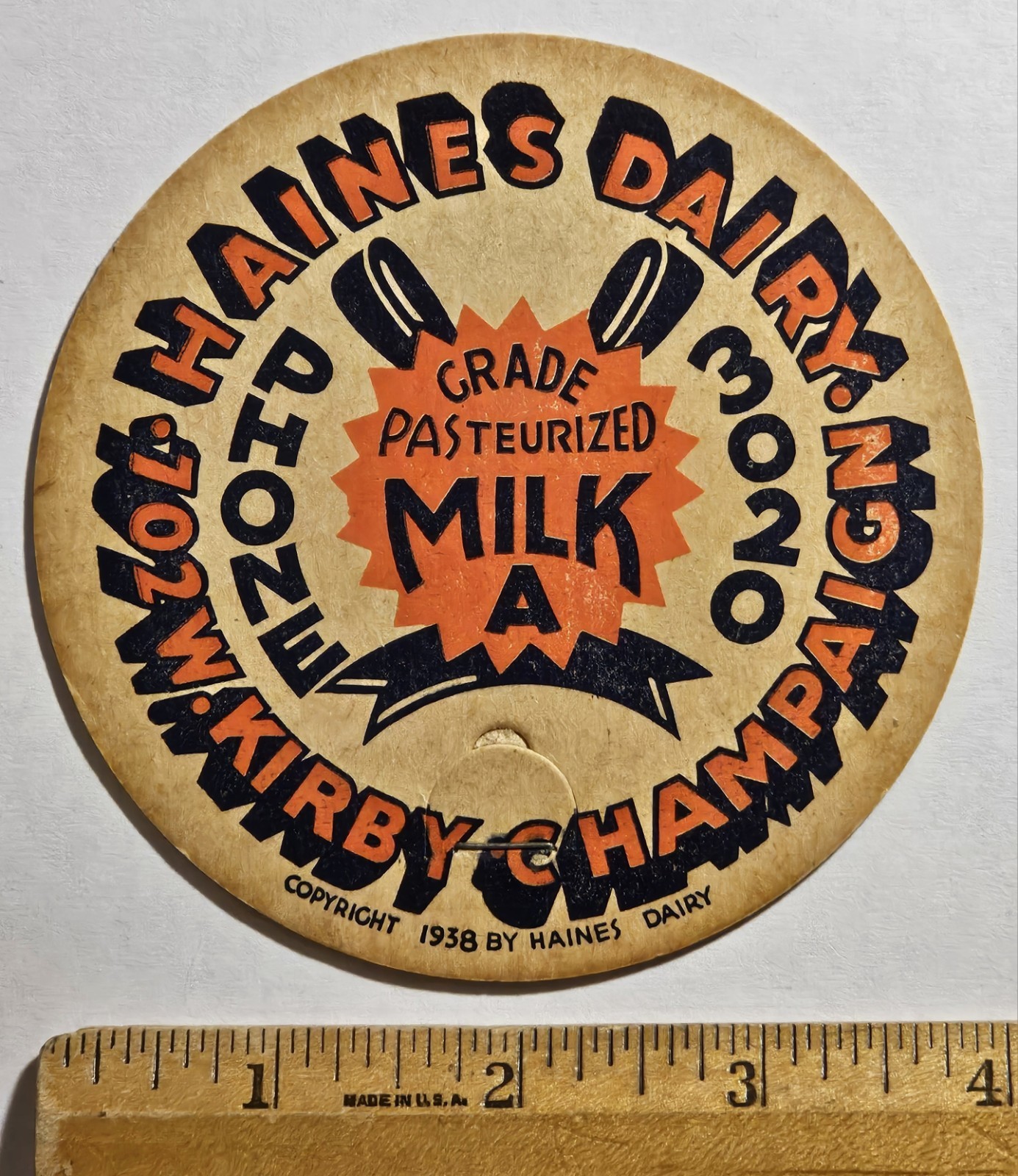 1938 LARGE GALLON SIZE Vintage HAINES DAIRY Champaign, Illinois Milk Bottle Cap 1938 LARGE GALLON SIZE Vintage HAINES DAIRY Champaign, Illinois Milk Bottle Cap
