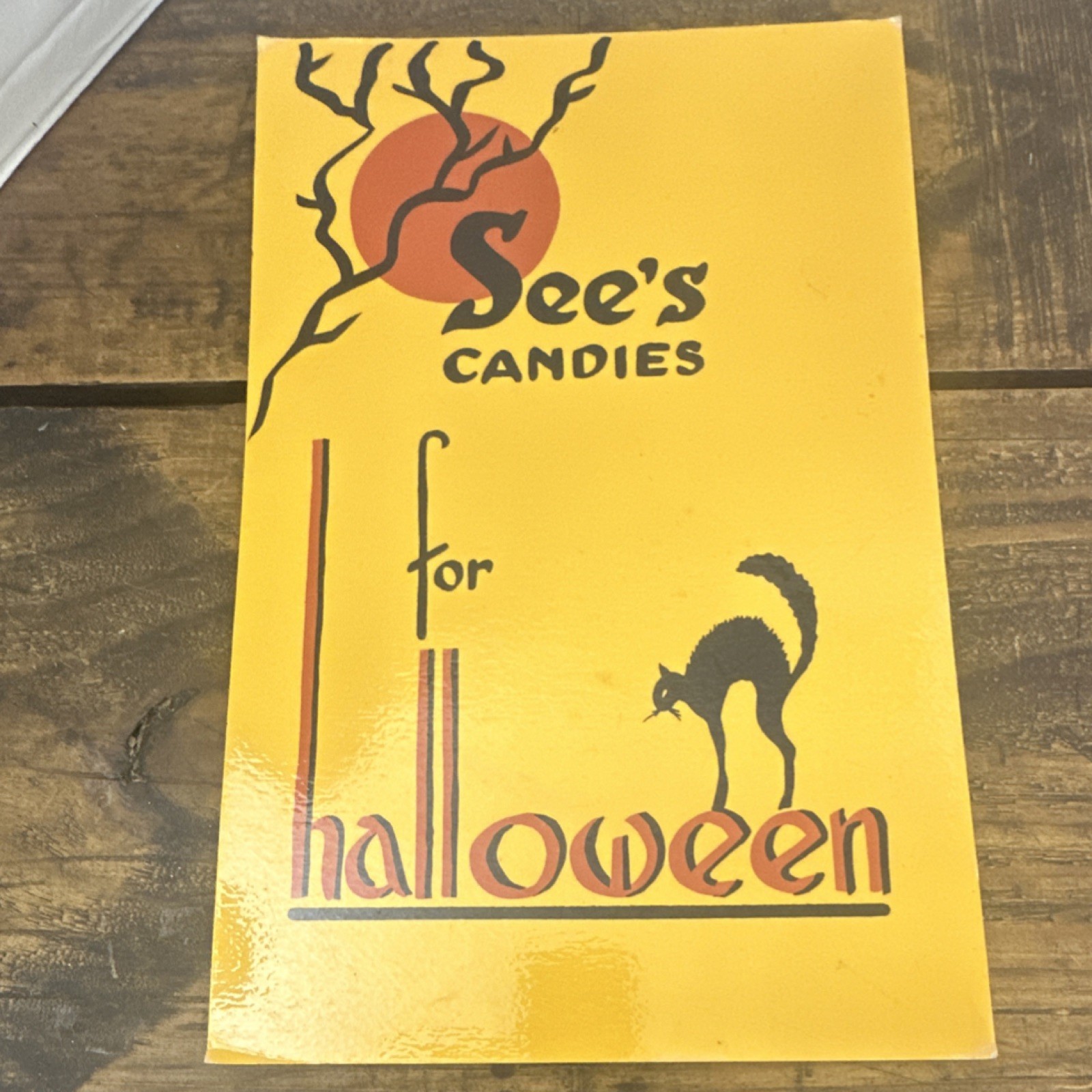 See's Candies Halloween Black Cat hand painted laminated cheddar color old See's Candies Halloween Black Cat hand painted laminated cheddar color old