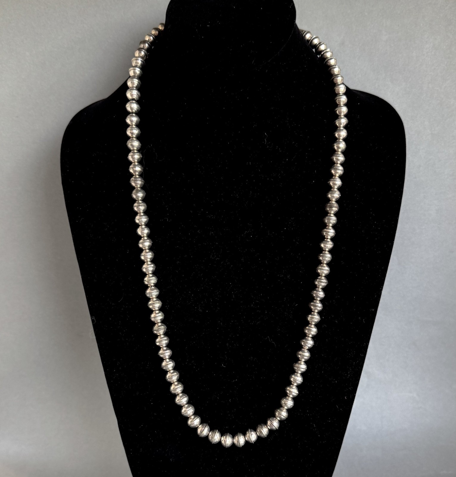Navajo Sterling Silver Bench Press Bead Necklace 26 Navajo Sterling Silver Bench Press Bead Necklace 26