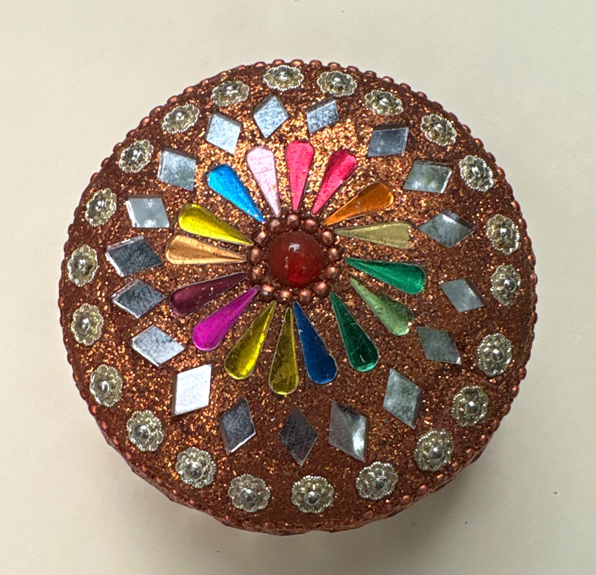 Vintage Indian Lac Mirror Work Trinket Box Round Glitter Orange Mosaic Jewelry C