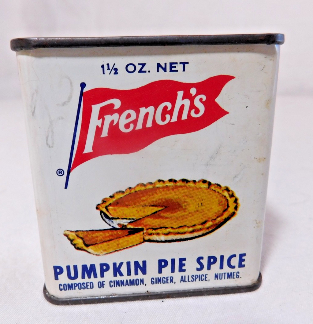 Vtg FRENCH\'S Pumpkin Pie Spice TIN 1.5 oz advertising graphics w/Carol\'s Recipe Vtg FRENCH\'S Pumpkin Pie Spice TIN 1.5 oz advertising graphics w/Carol\'s Recipe