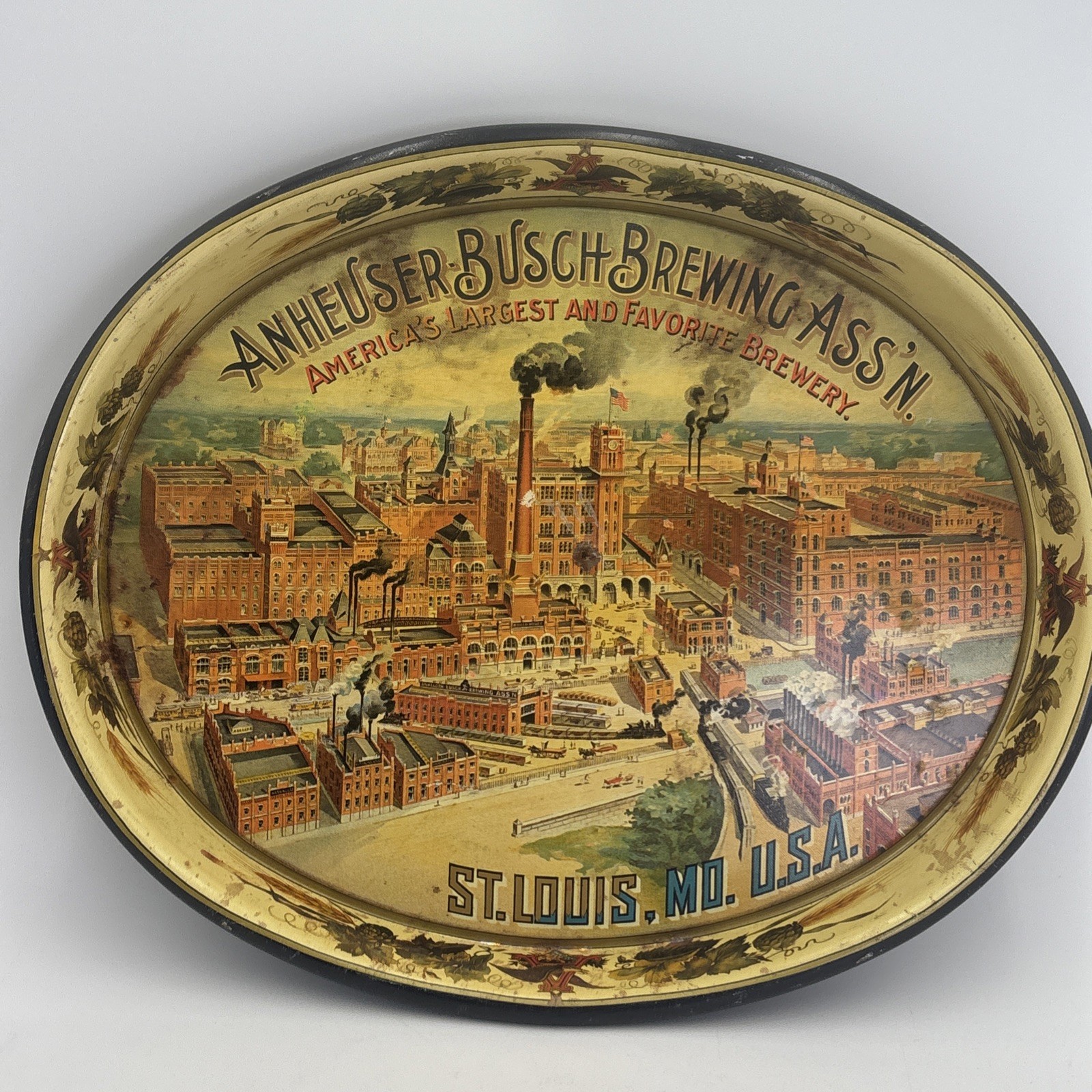 Vintage Anheuser-Busch Brewing Assn Oval Beer Tray Brewery Image Largest Brewery