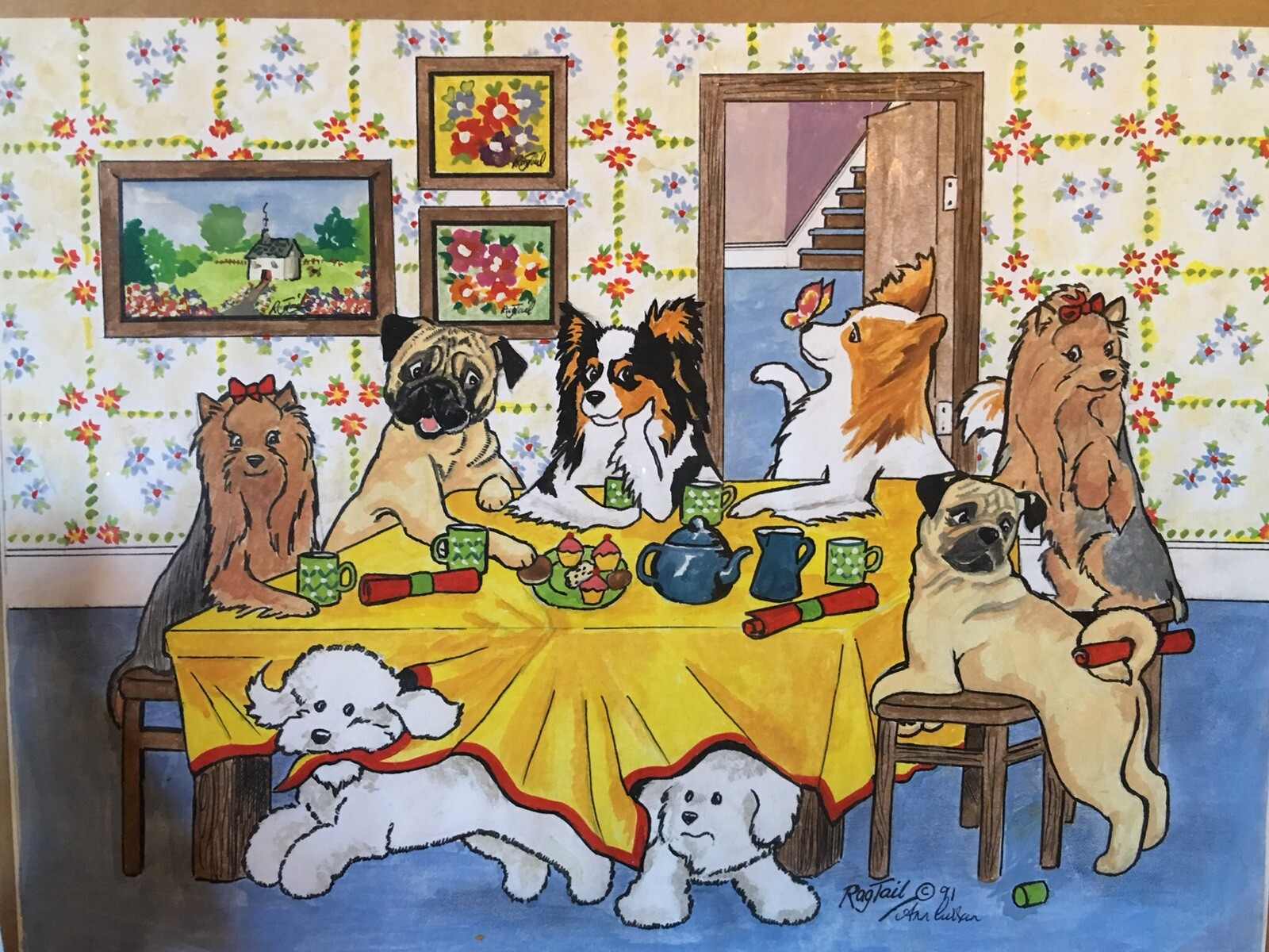 ORIGINAL WATERCOLOUR ‘PUPPY PARTY’ Pug, Yorkie ,Papillon,Bichon Toy  Dogs,signed