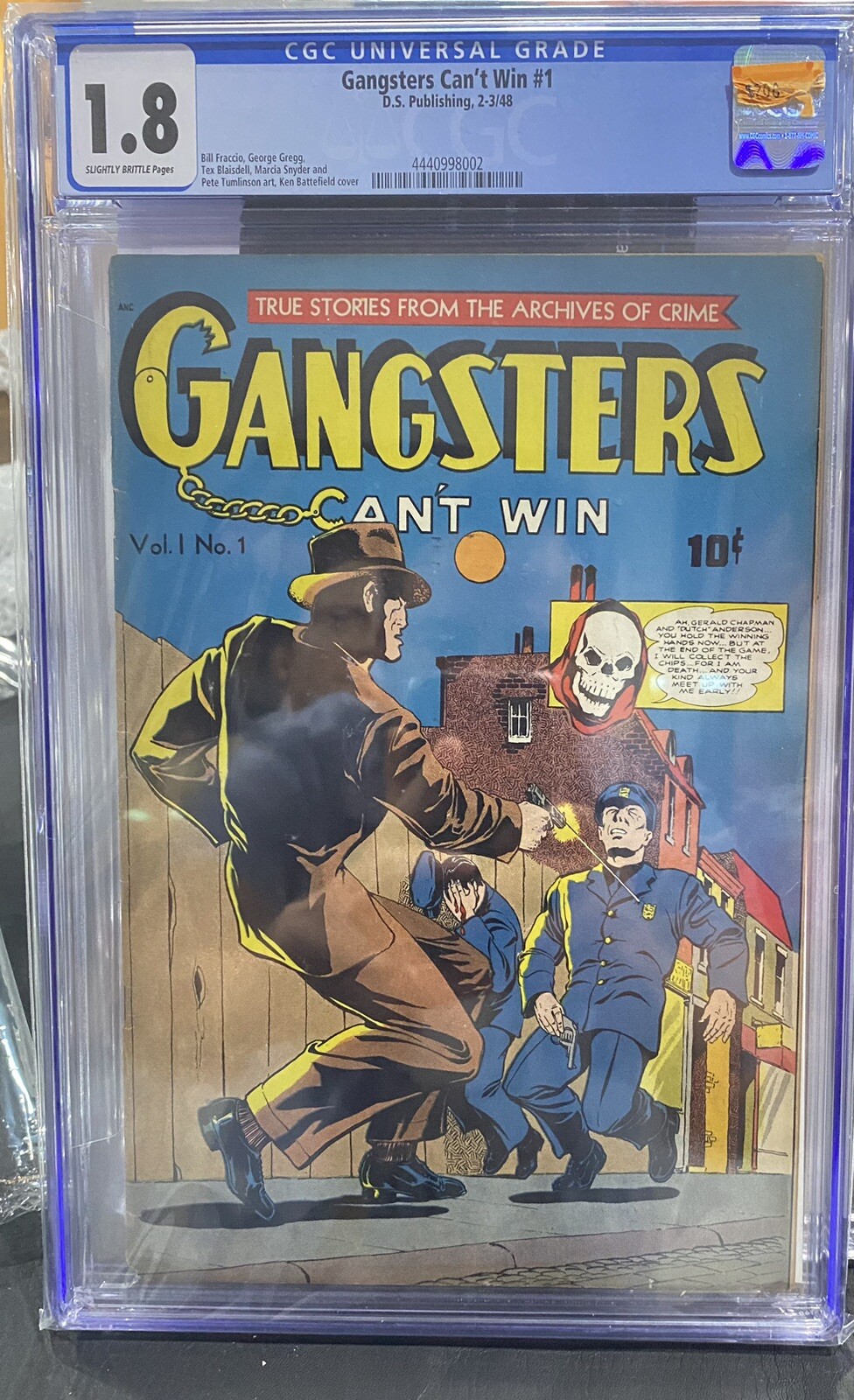 Gangsters Can't Win #1 CGC 1.8 CRM-OWP Skull Cover D.C. Publishing 1948 Gangsters Can't Win #1 CGC 1.8 CRM-OWP Skull Cover D.C. Publishing 1948