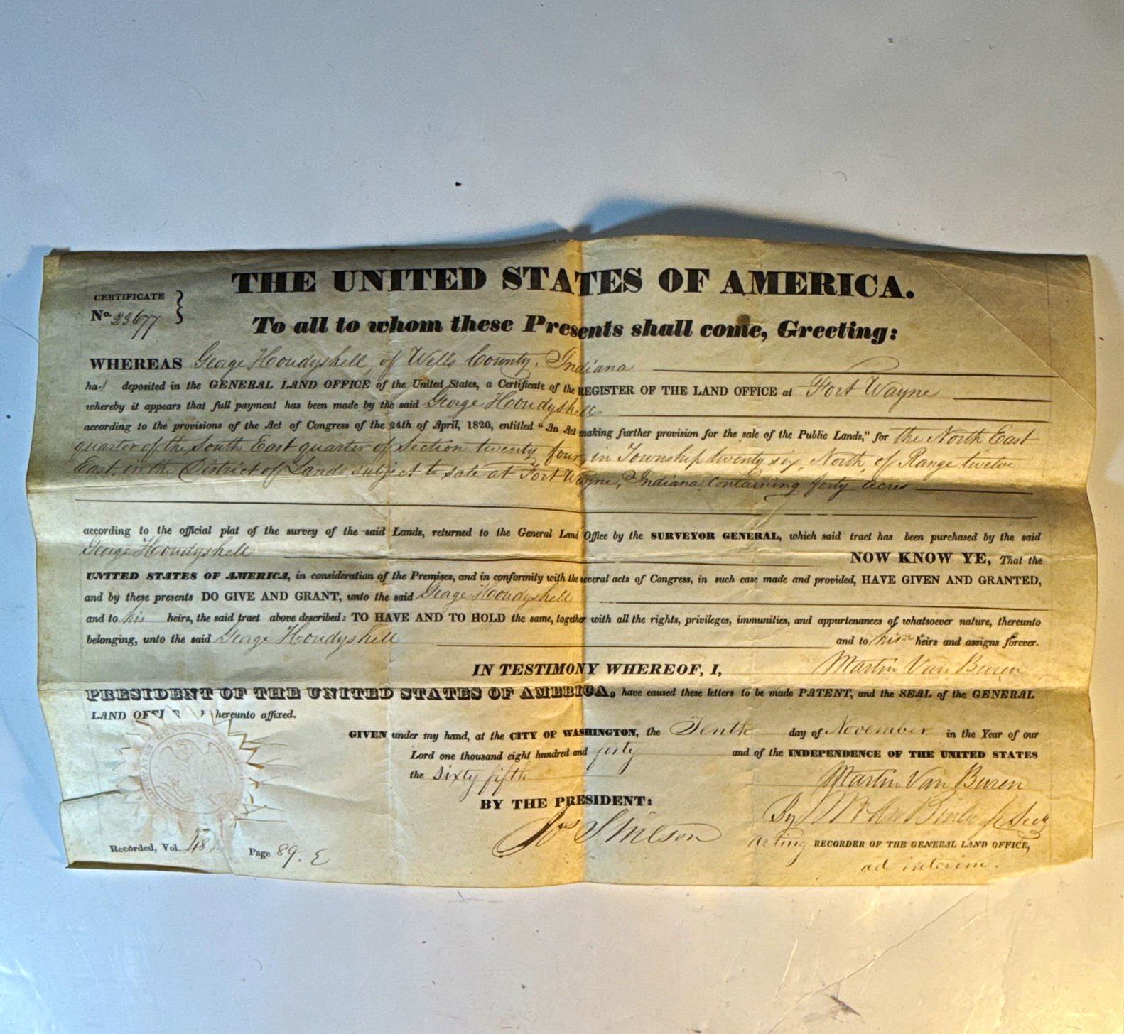 1840 Martin Van Buren US Land Patent Houdyshell Wells County Indiana ft Wayne 1840 Martin Van Buren US Land Patent Houdyshell Wells County Indiana ft Wayne