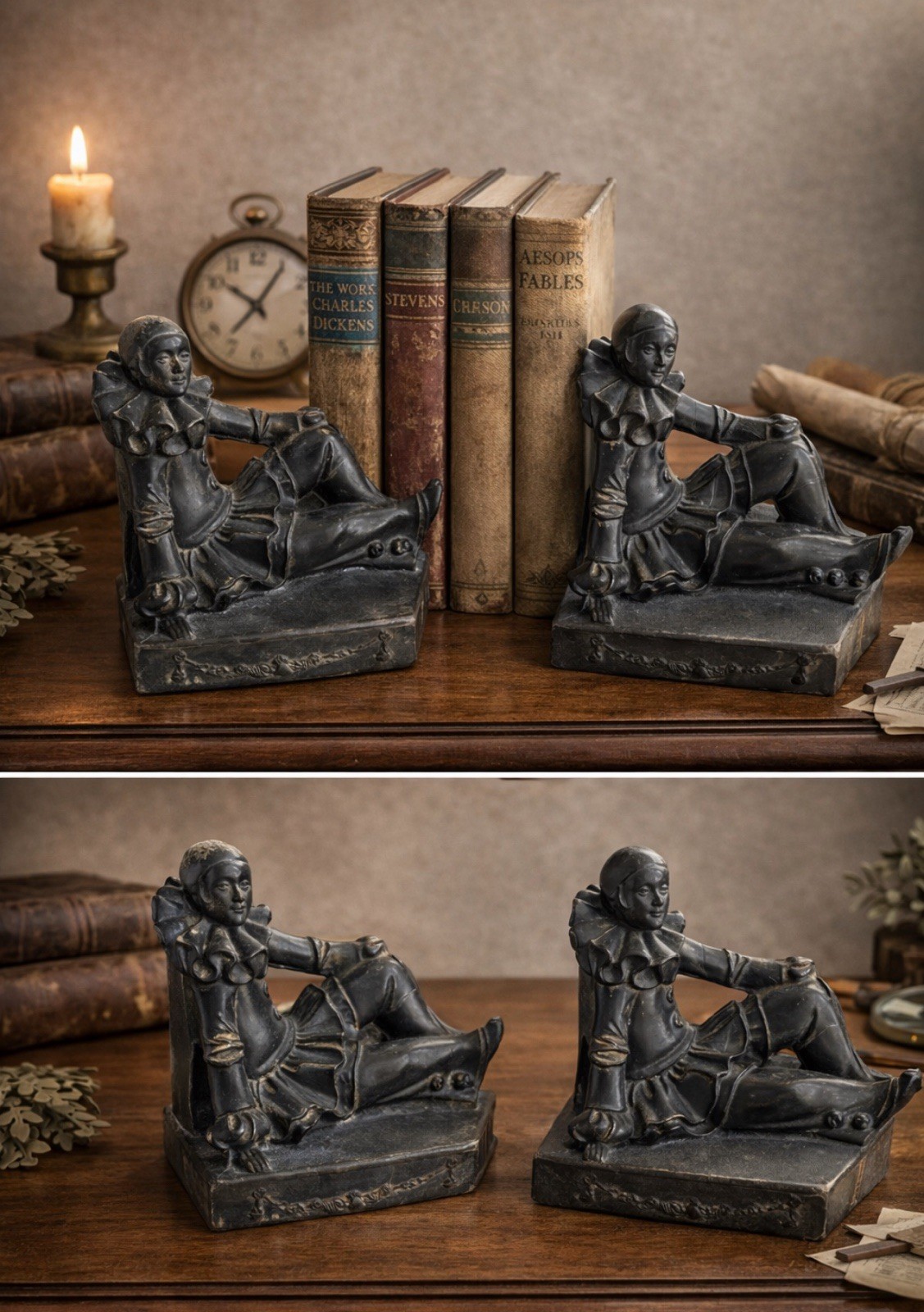 ANTIQUE ART DECO RONSON AMW USA JESTER CLOWN MAN STATUE SCULPTURE BOOK BOOKENDS ANTIQUE ART DECO RONSON AMW USA JESTER CLOWN MAN STATUE SCULPTURE BOOK BOOKENDS