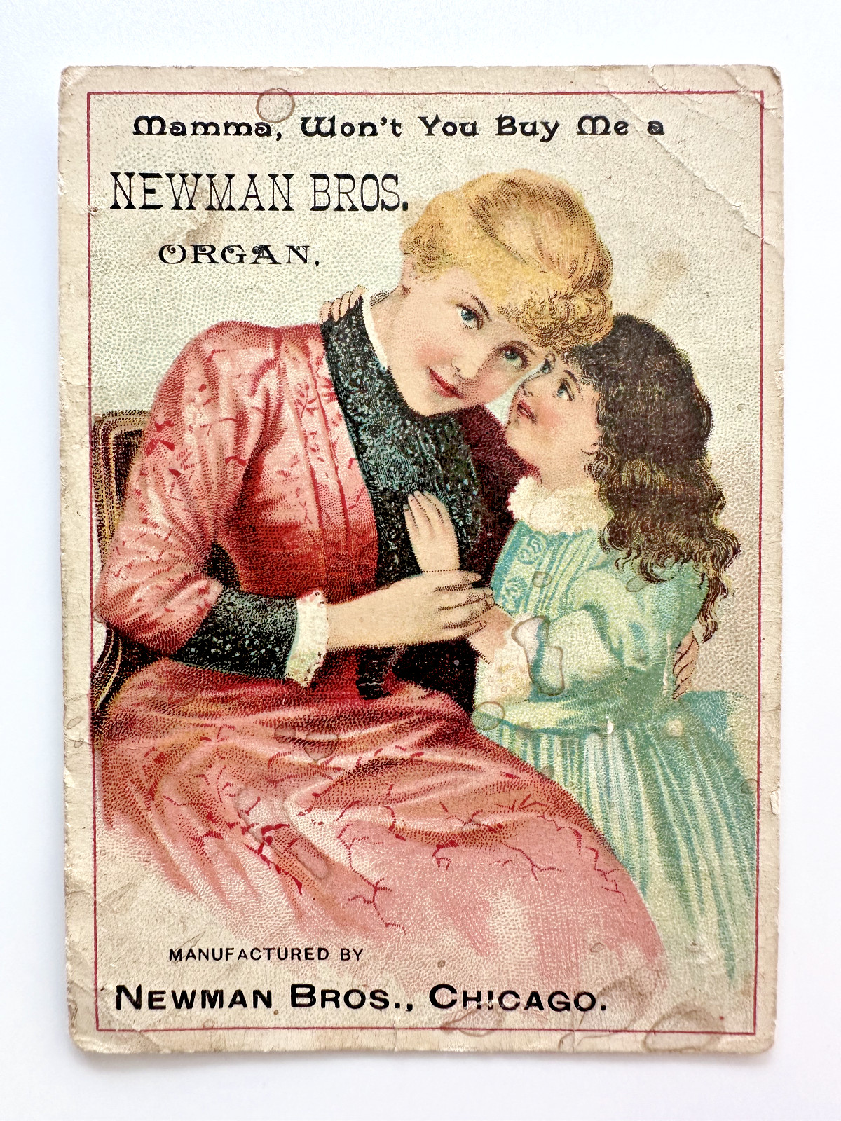 NEWMAN BROTHERS ORGAN CHICAGO, IL VICTORIAN TRADING CARD, MOTHER & CHILD SECRET