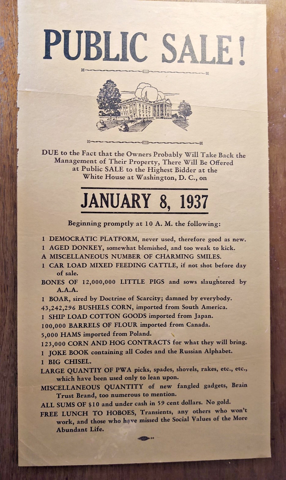 RARE Political Satire 1937 Anti-FDR Auction Broadside Anti New Deal AAA WPA