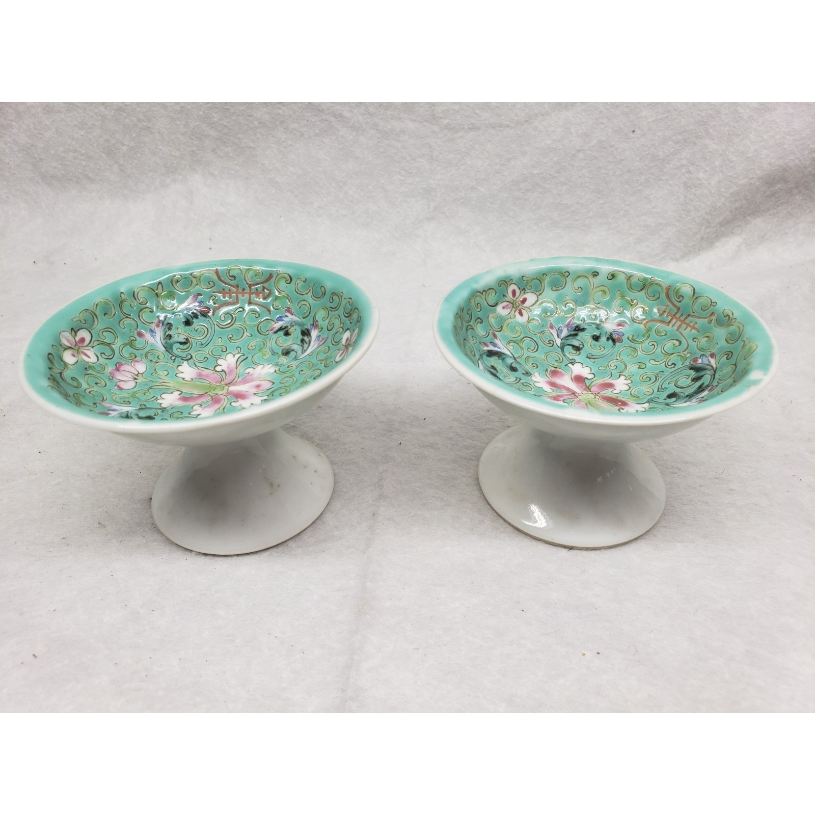 Pair Vintage Chinese Famille Rose Turquoise Ground Double Happiness Stem Cups