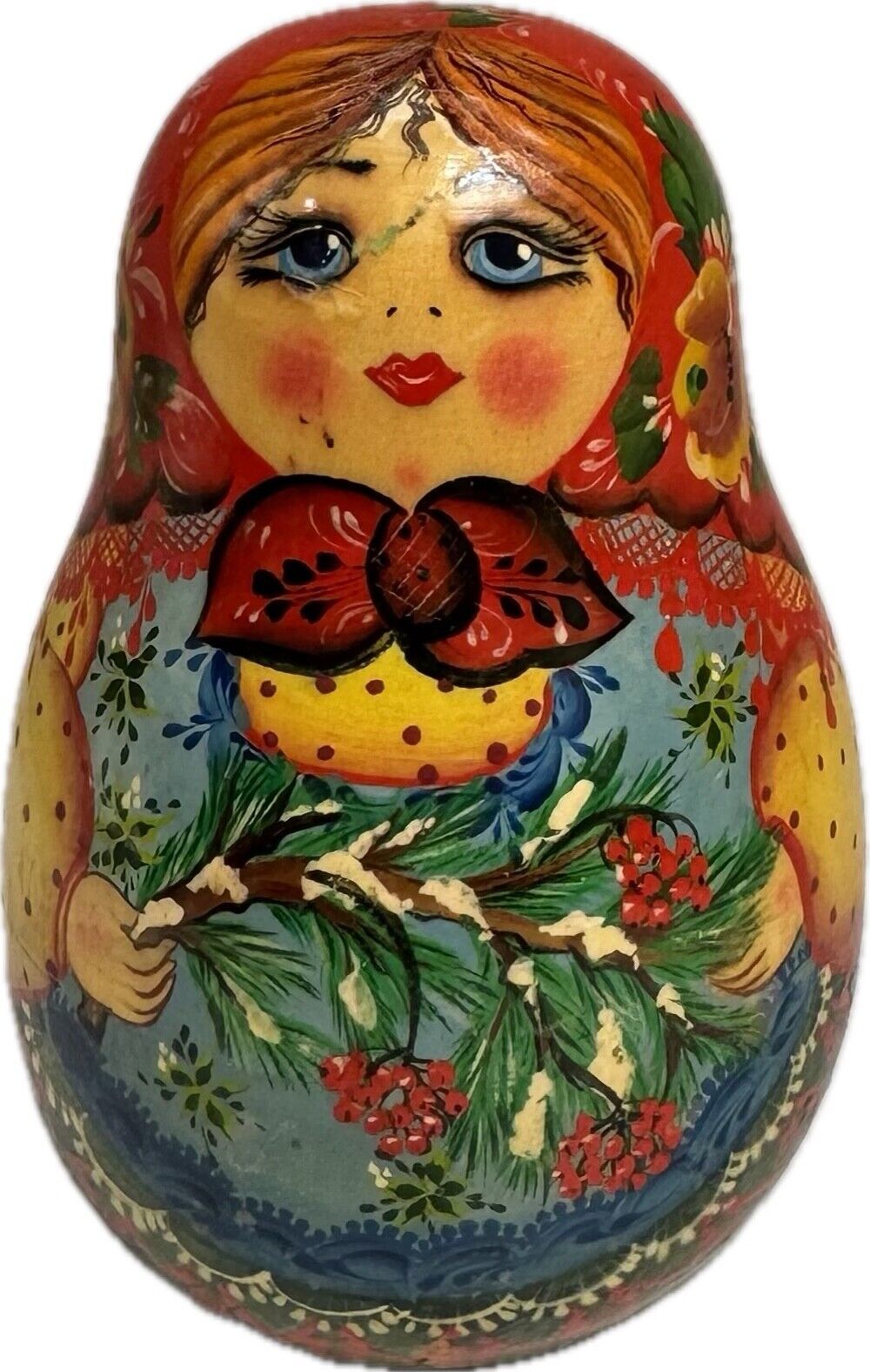 VTG. RUSSIAN ROLY-POLY WOODEN MATRYOSHKA HAND-MADE MUSICAL TOY w/ JINGLE, 4-1/2”