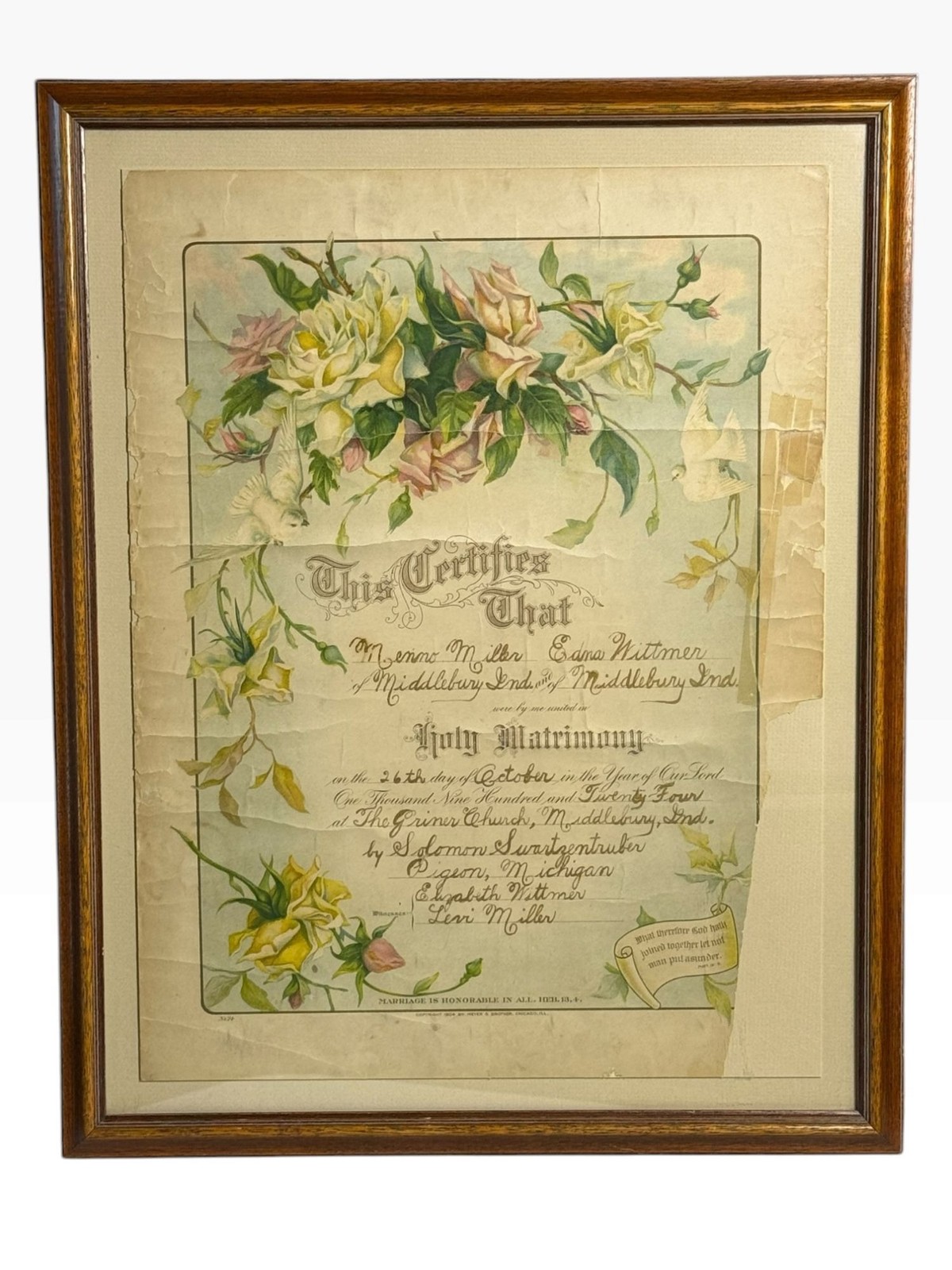 Antique 1924 Marriage Certificate Framed, Meyer & Brother 1904 Chromolithograph